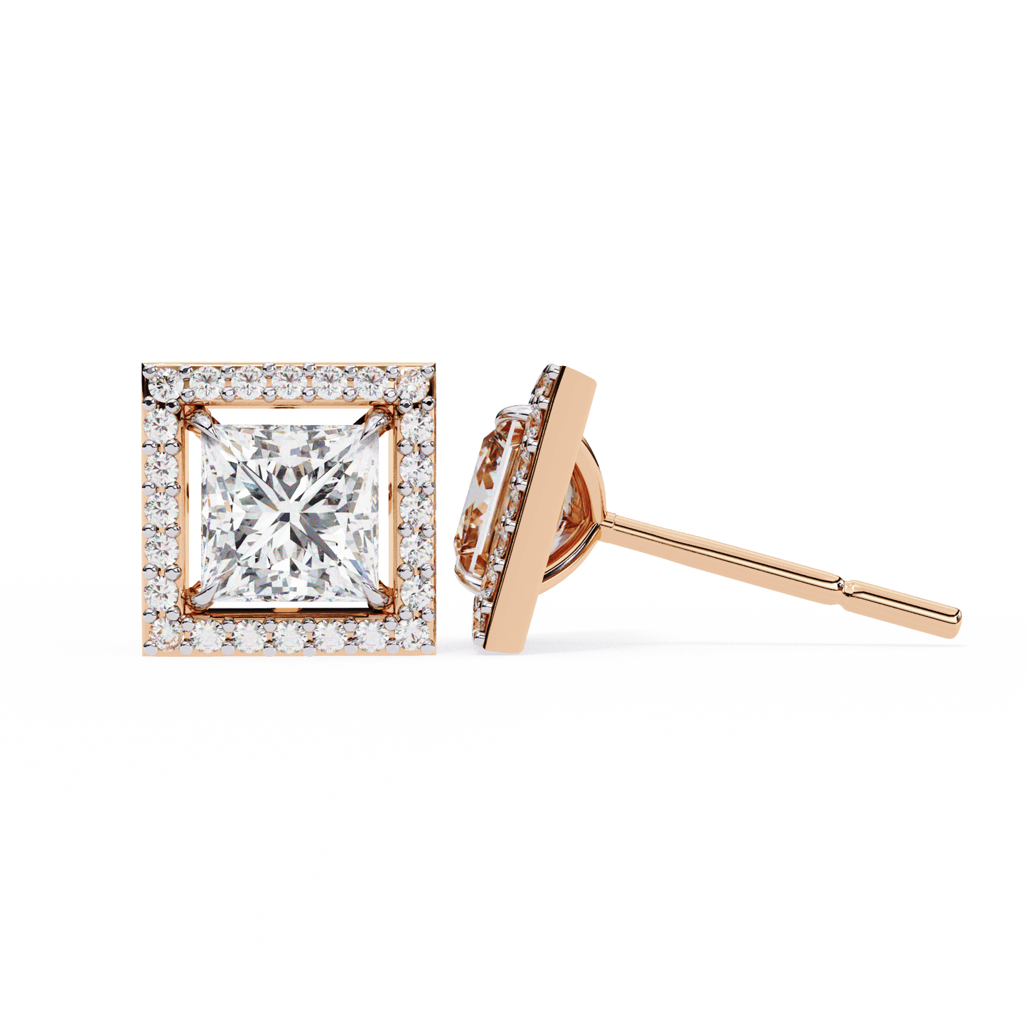 Calliope – Princess-Cut Stud Earrings with Floating Halo