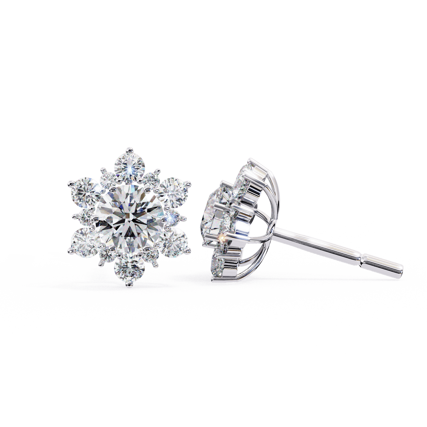 Snow- Round Diamond Floral Halo Stud Earrings