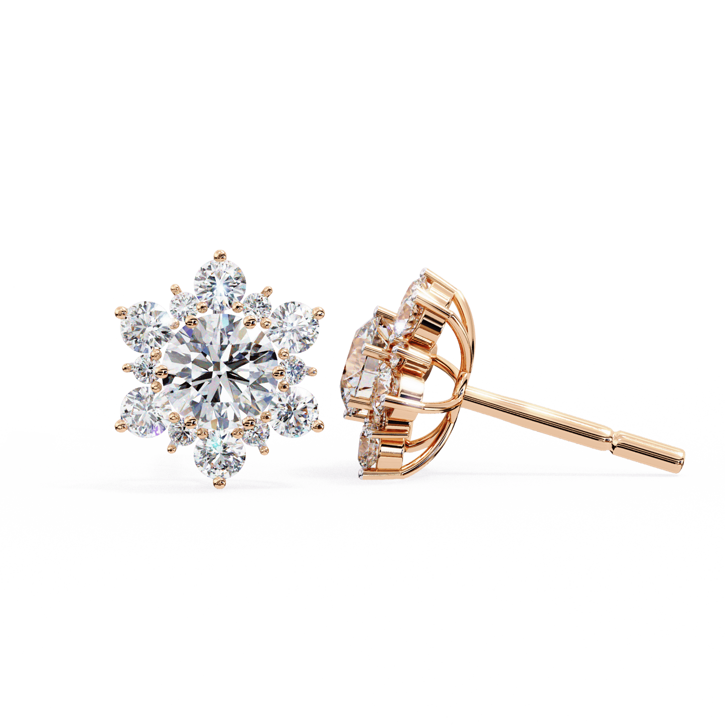 Snow- Round Diamond Floral Halo Stud Earrings
