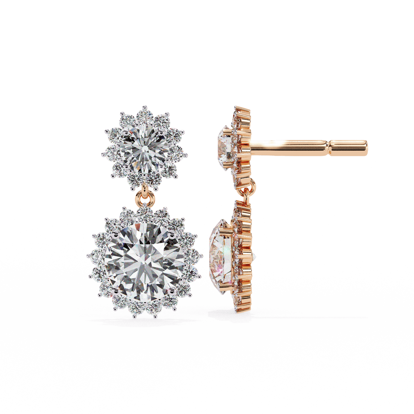 Sanna - Double Halo Round Diamond Drop Earrings