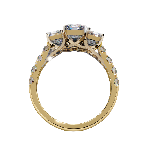 Marianna — Radiant cut lab grown and natural diamond engagement ring — trilogy three stone, trellis cathedral, side stones — 18k yellow gold — Carat House