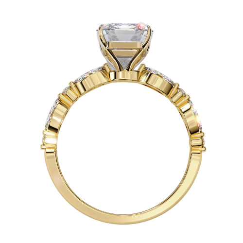 Delilah — Emerald cut lab grown and natural diamond engagement ring — four claw, two tone, marquise and round side stones — 18k yellow gold — Carat House