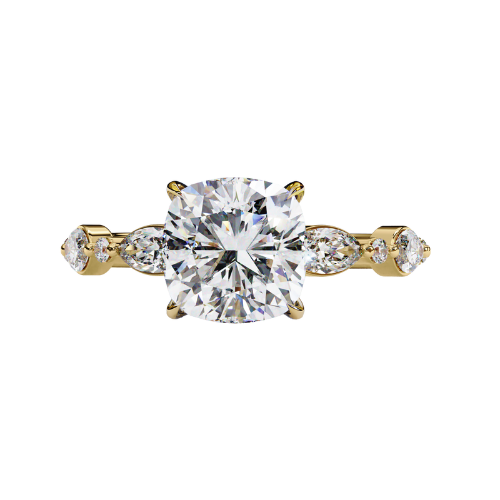 Evelyn — Cushion cut lab grown and natural diamond engagement ring — two tone, side stone — 18k yellow gold — Carat House