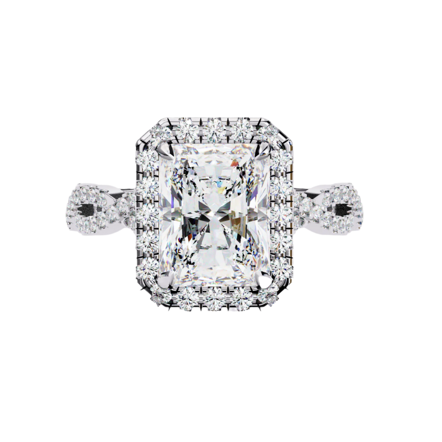 Sasha — Radiant cut lab grown and natural diamond engagement ring — halo, cathedral, twisted, split shank — 18k white gold and platinum — Carat House