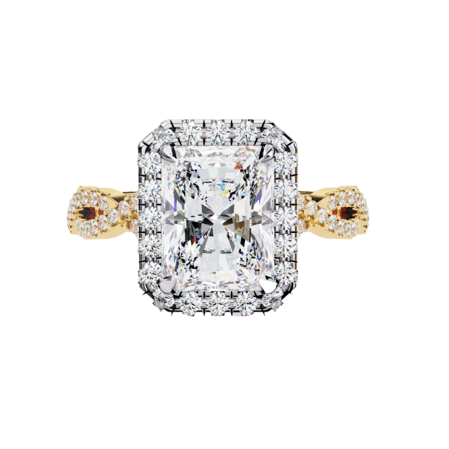 Sasha — Radiant cut lab grown and natural diamond engagement ring — halo, cathedral, twisted, split shank — 18k white and yellow gold — Carat House