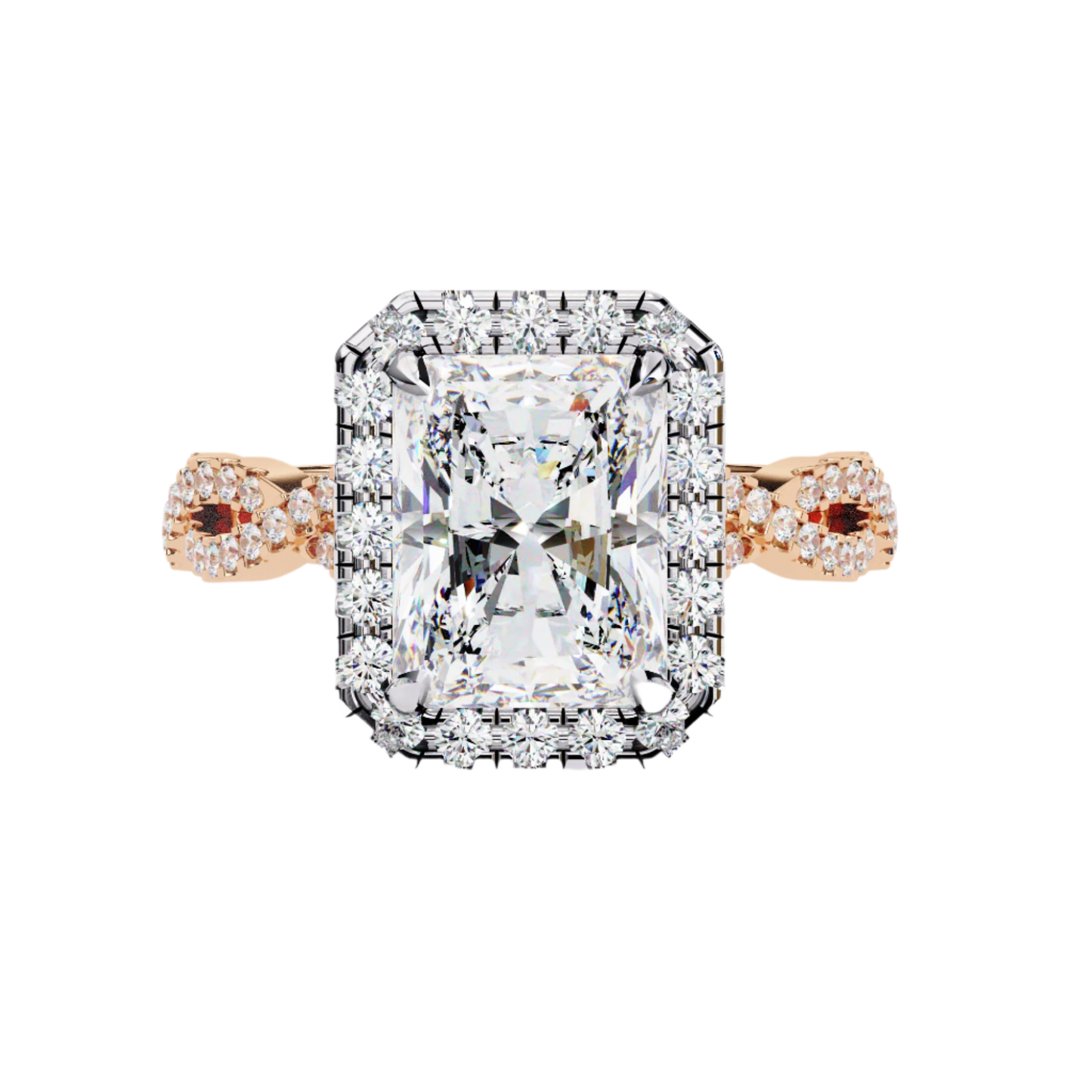 Sasha — Radiant cut lab grown and natural diamond engagement ring — halo, cathedral, twisted, split shank — 18k white and rose gold — Carat House
