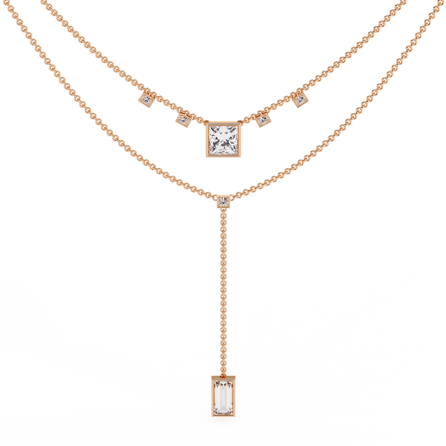 Catalina – The Princess & Baguette Double Chain Drop Necklace