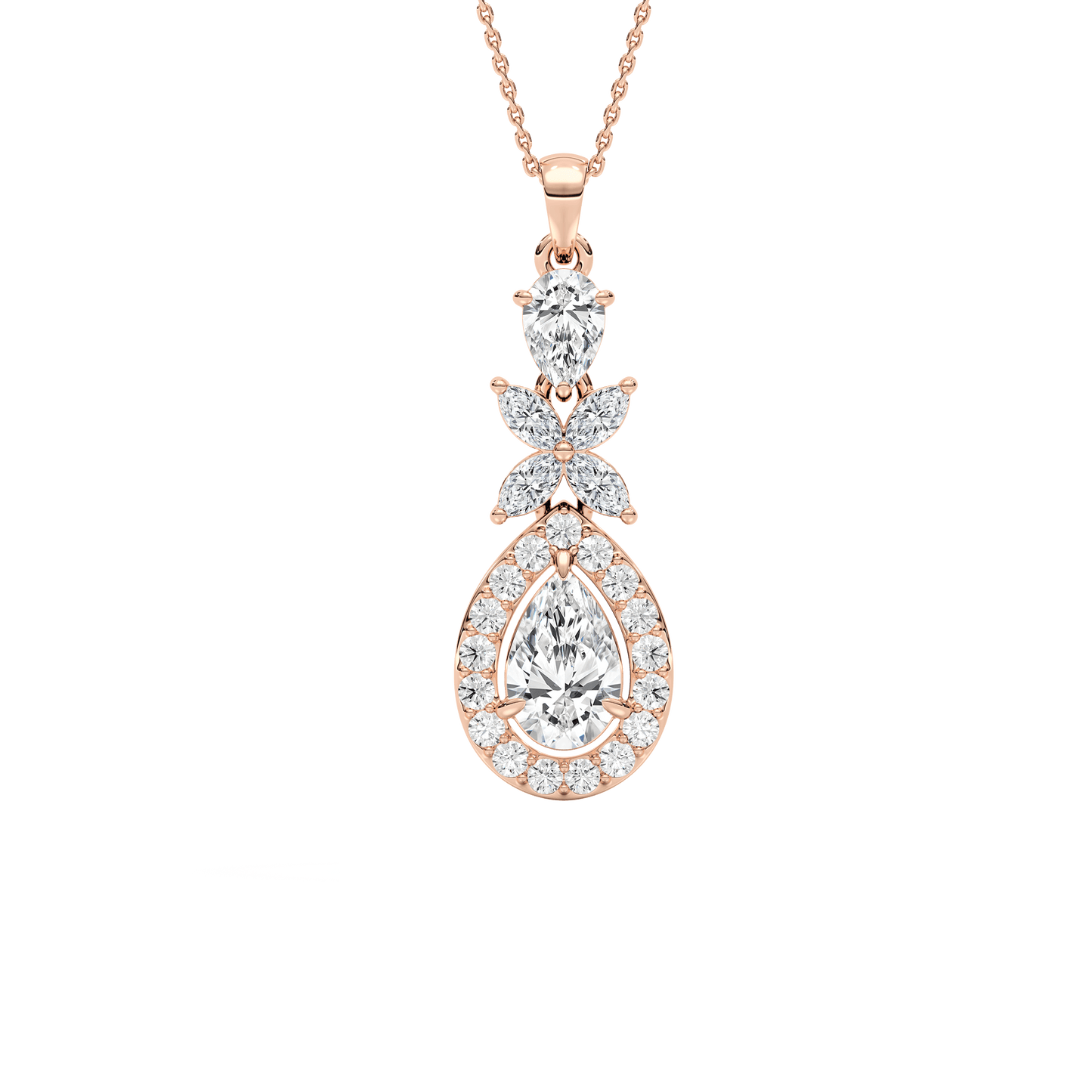 Julie – Pear-Cut Halo Drop Pendant with Marquise Flower Motif