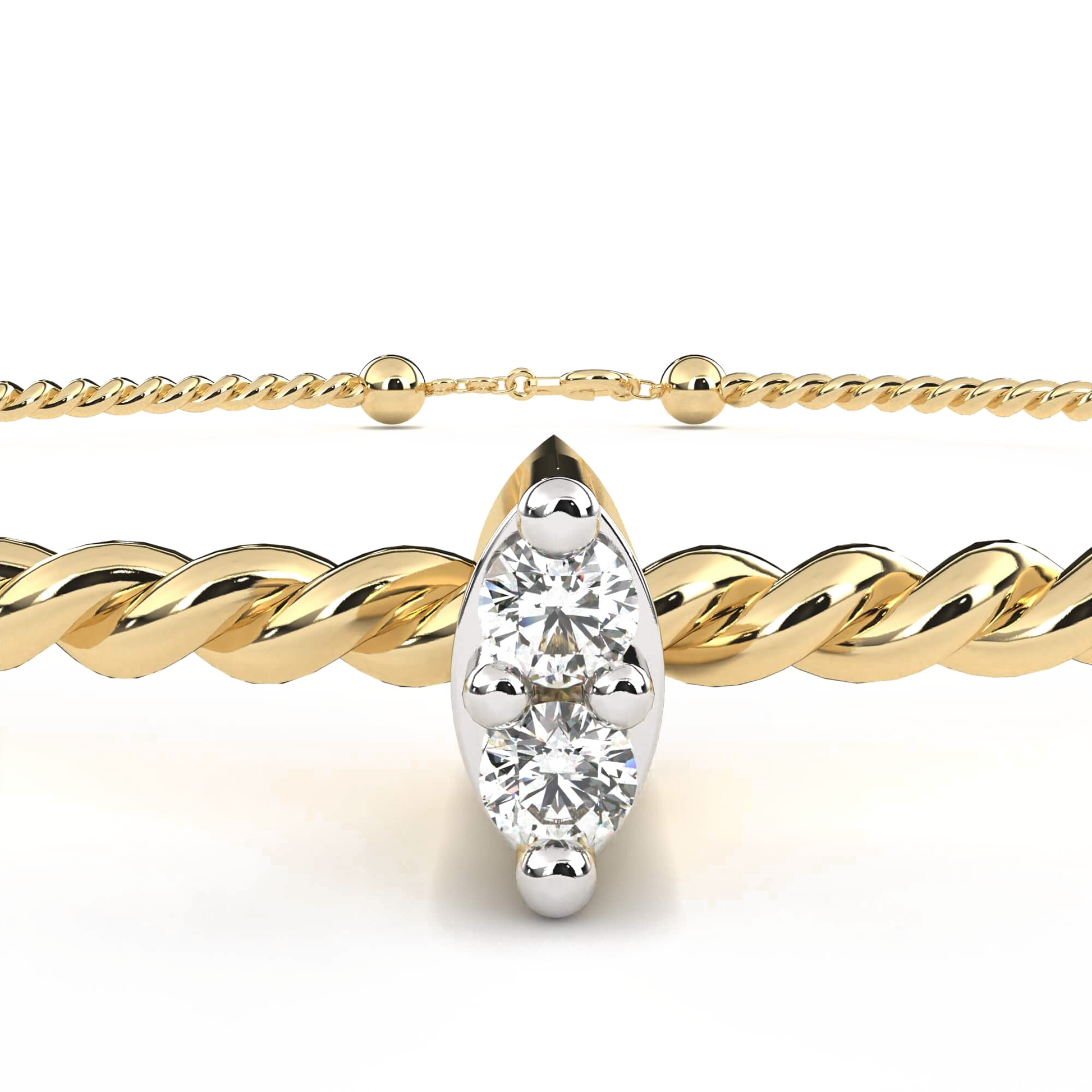 Twisted gold bangle by Carat House Dubai with diamond accents, elegant jewelry accessory featuring intricate design and sparkling details.