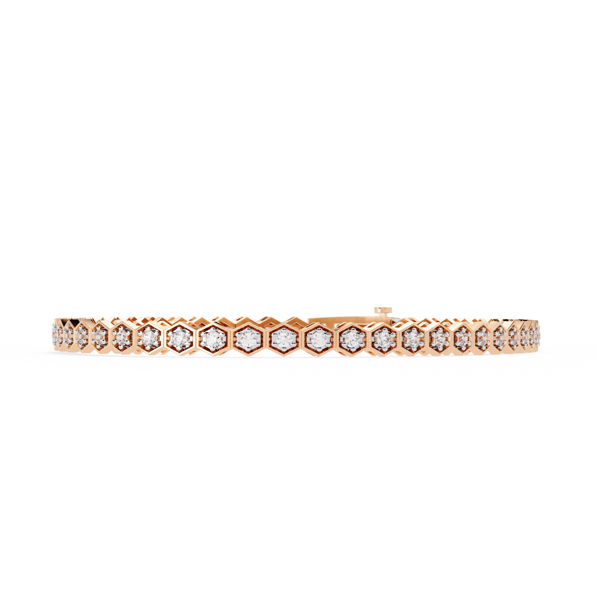 Carat House Dubai Endora hexagonal frame diamond tennis bracelet featuring 1.8mm round diamonds on a sleek design.