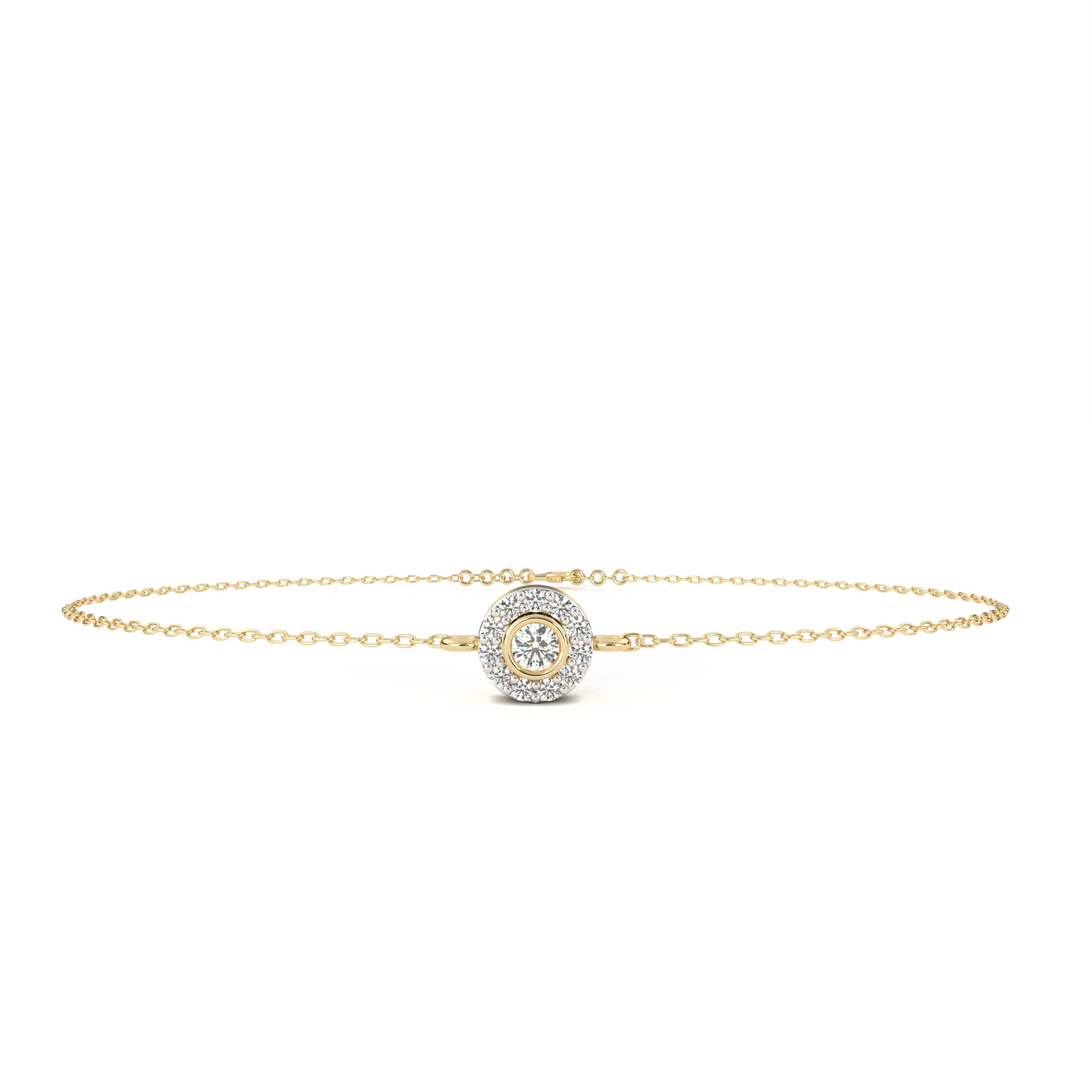 Teresa Bezel-Set Halo Diamond Bracelet by Carat House Dubai featuring a delicate chain and sparkling diamond halo design.