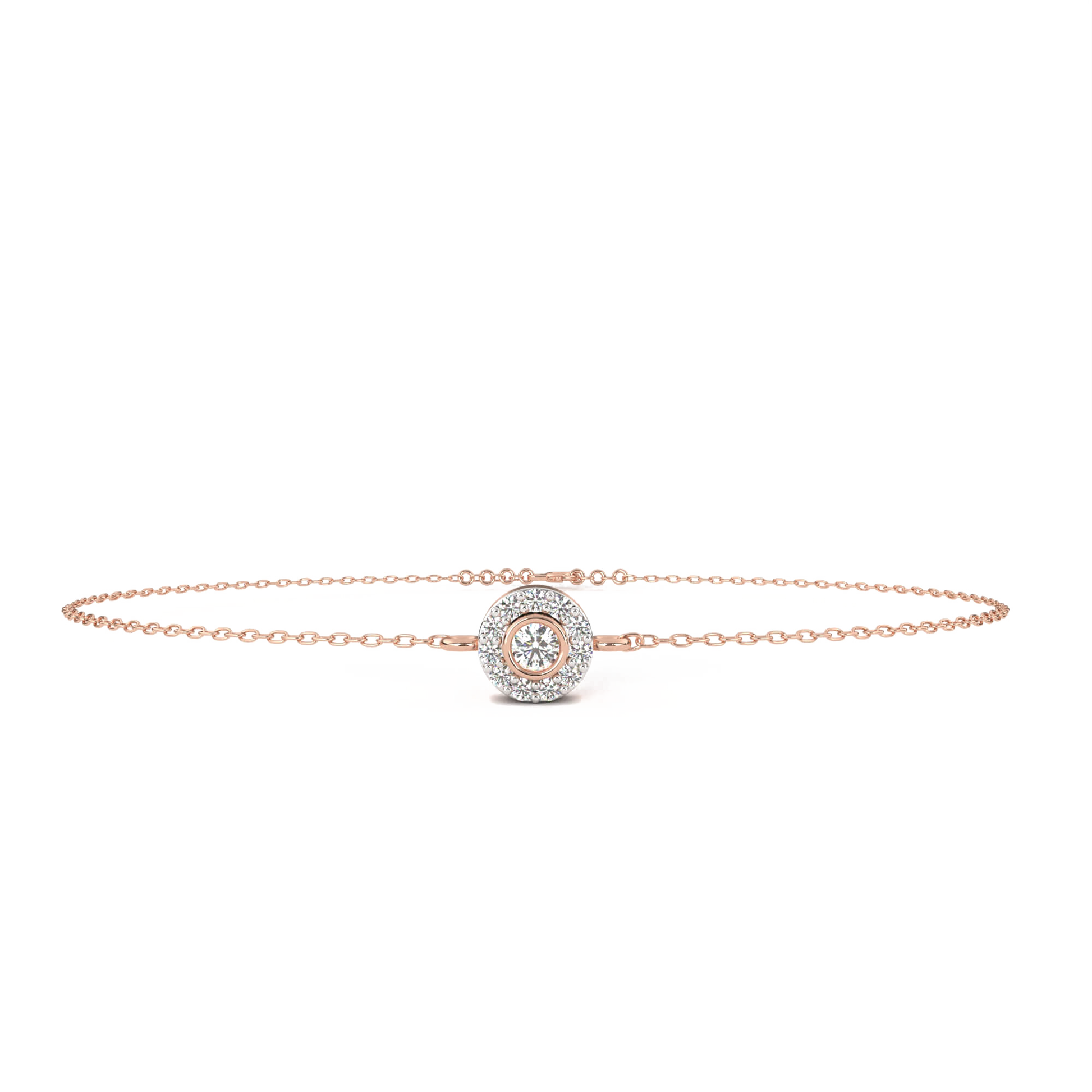 Teresa bezel-set halo diamond bracelet by Carat House Dubai featuring a delicate gold chain with sparkling diamond accents.