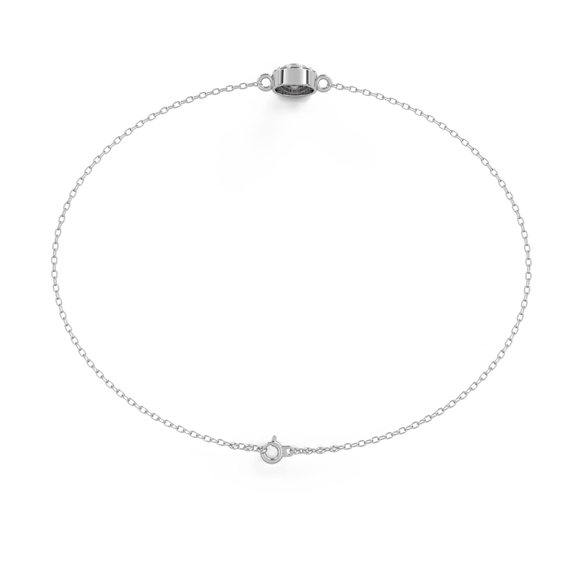 Bezel-set halo diamond bracelet from Carat House Dubai featuring sparkling diamonds on a sleek metal band.
