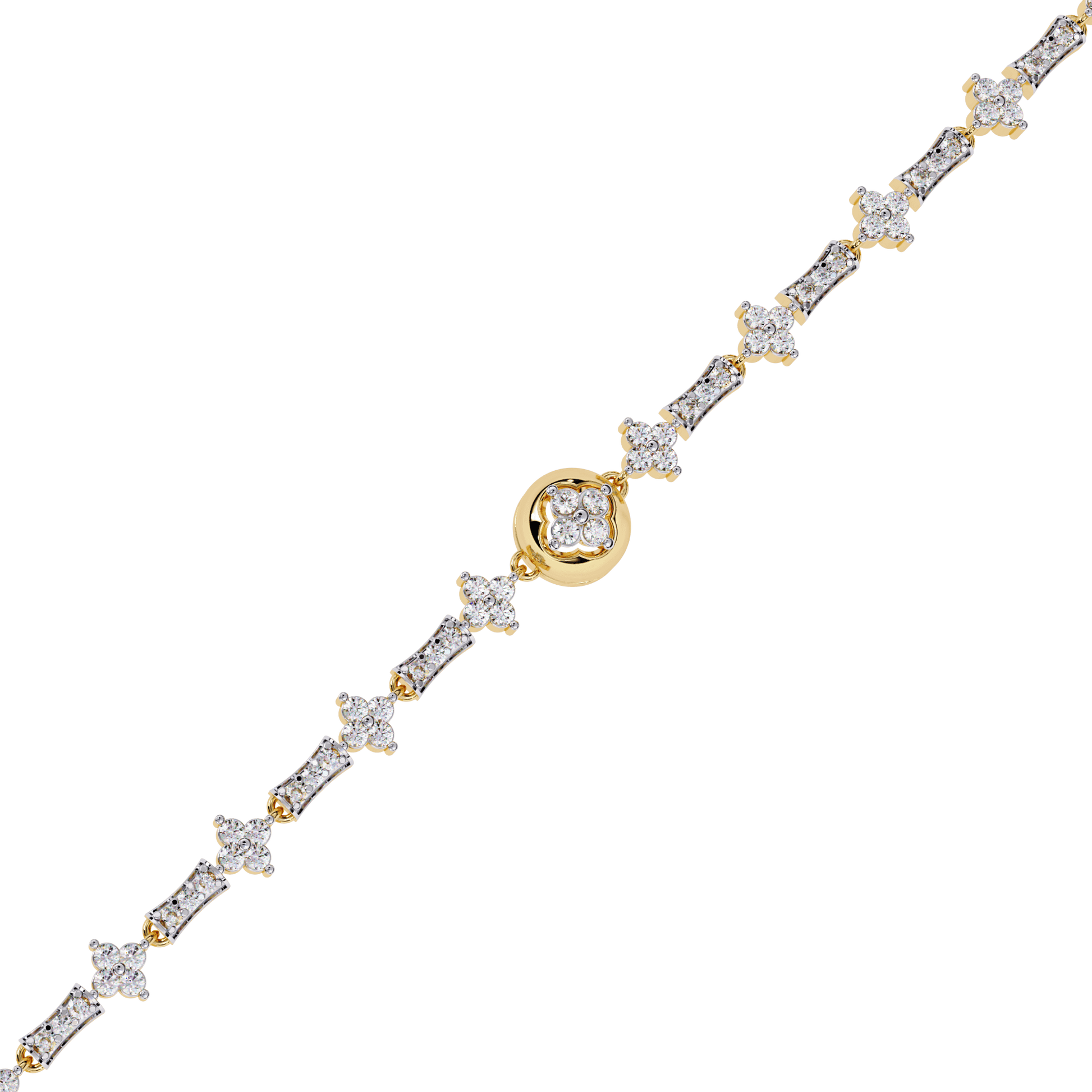 Round diamond motif bracelet by Carat House Dubai featuring intricate design and sparkling diamonds on a sleek gold band.