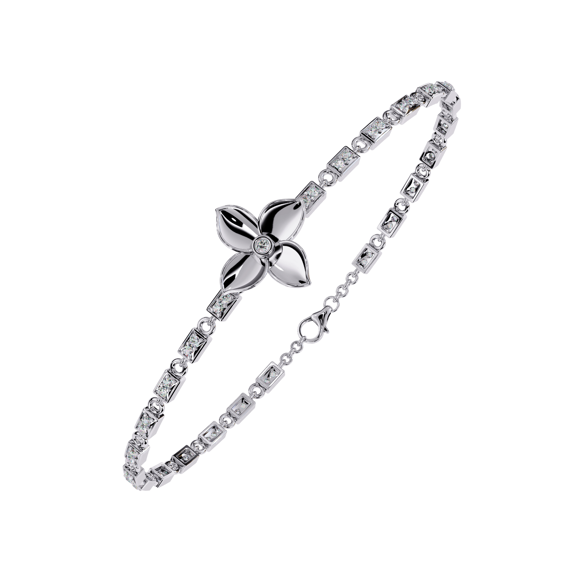 Svetlana diamond link bracelet with floral motif, featuring intricate design and sparkling diamonds, by Carat House Dubai.