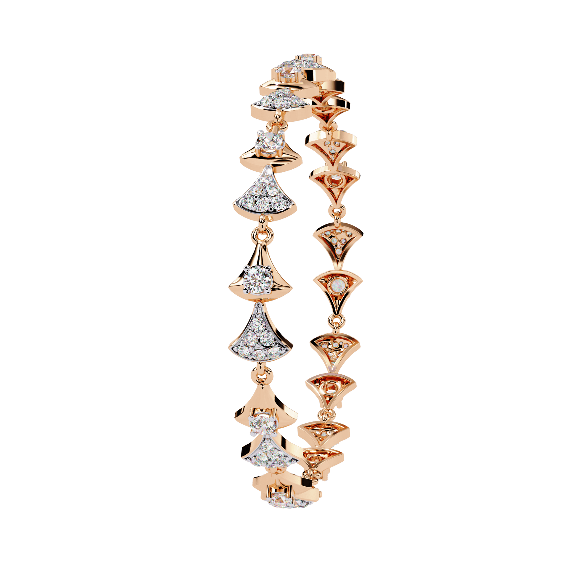 Carat House Dubai Trinity sculpted tapered motif diamond bracelet showcasing elegant design and sparkling diamonds.