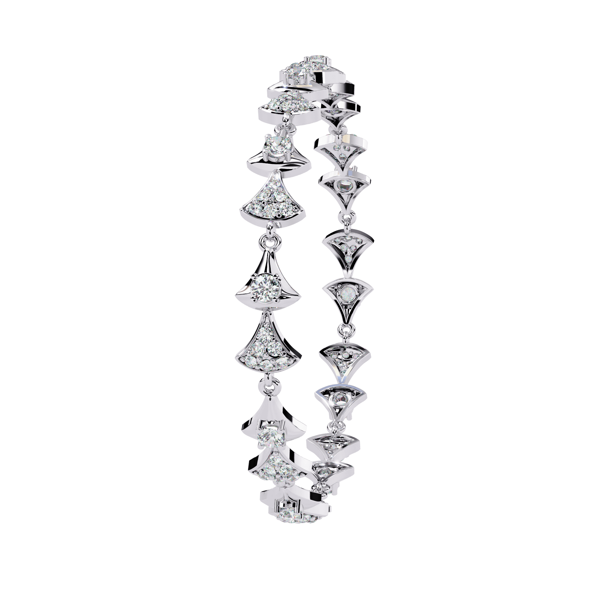 Diamond bracelet featuring a sculpted tapered motif from the Trinity collection by Carat House Dubai, shown in close-up detail.