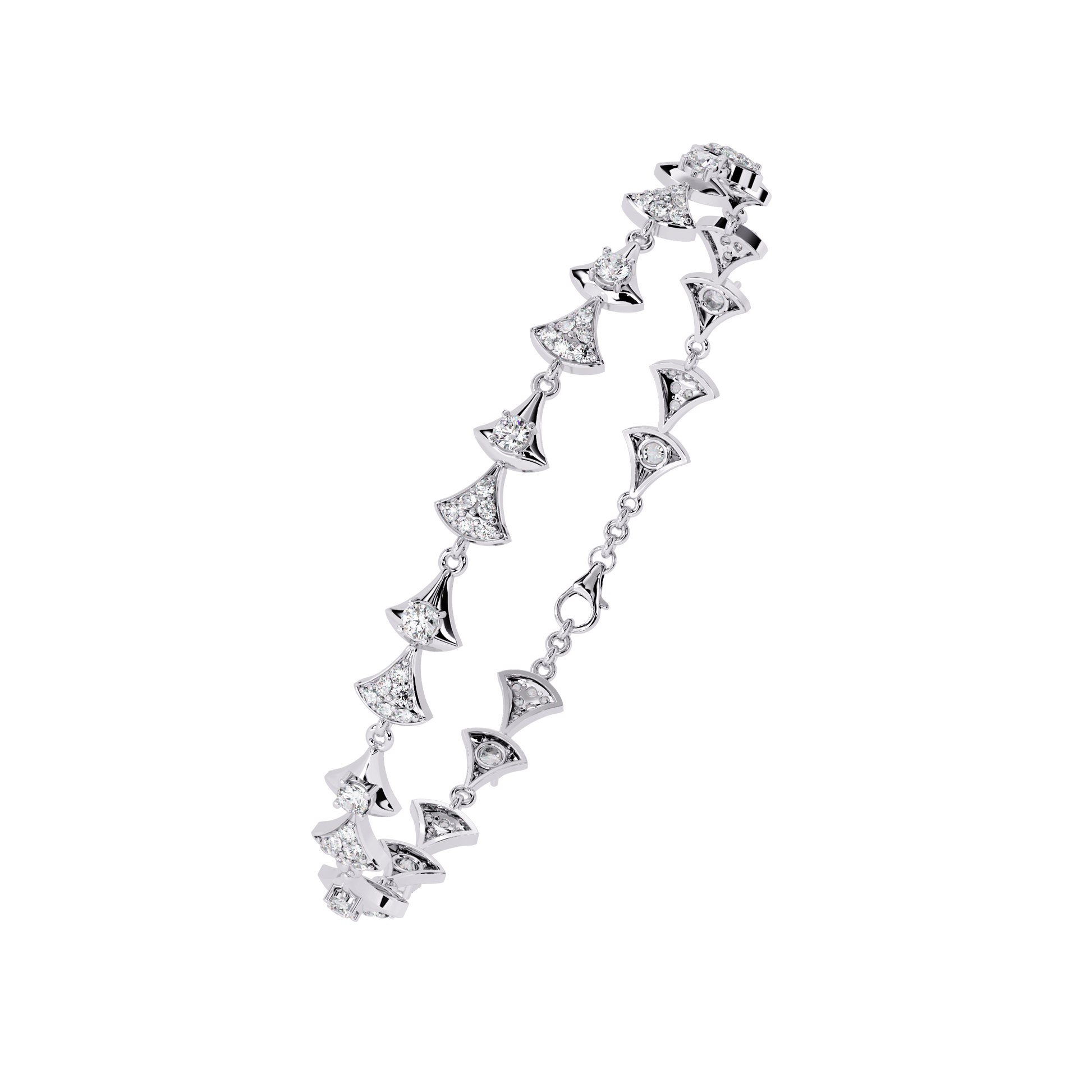 Carat House Dubai Trinity sculpted tapered diamond bracelet with intricate design and sparkling diamonds on a sleek silver band.