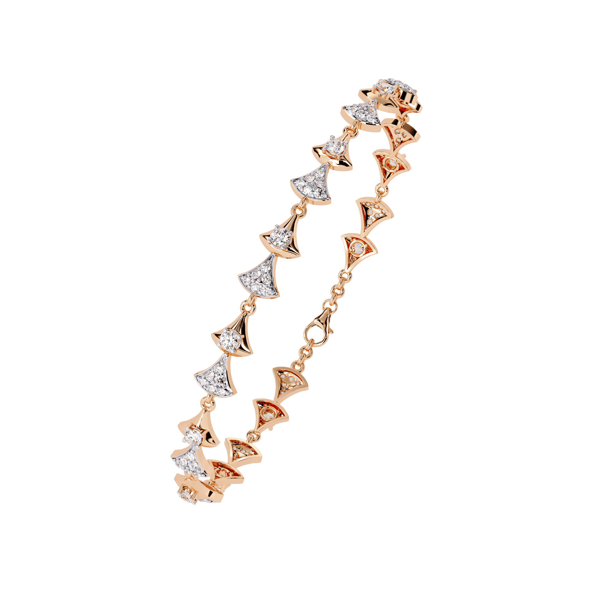 Carat House Dubai Trinity sculpted tapered motif diamond bracelet with intricate design and sparkling diamonds on a sleek gold band.