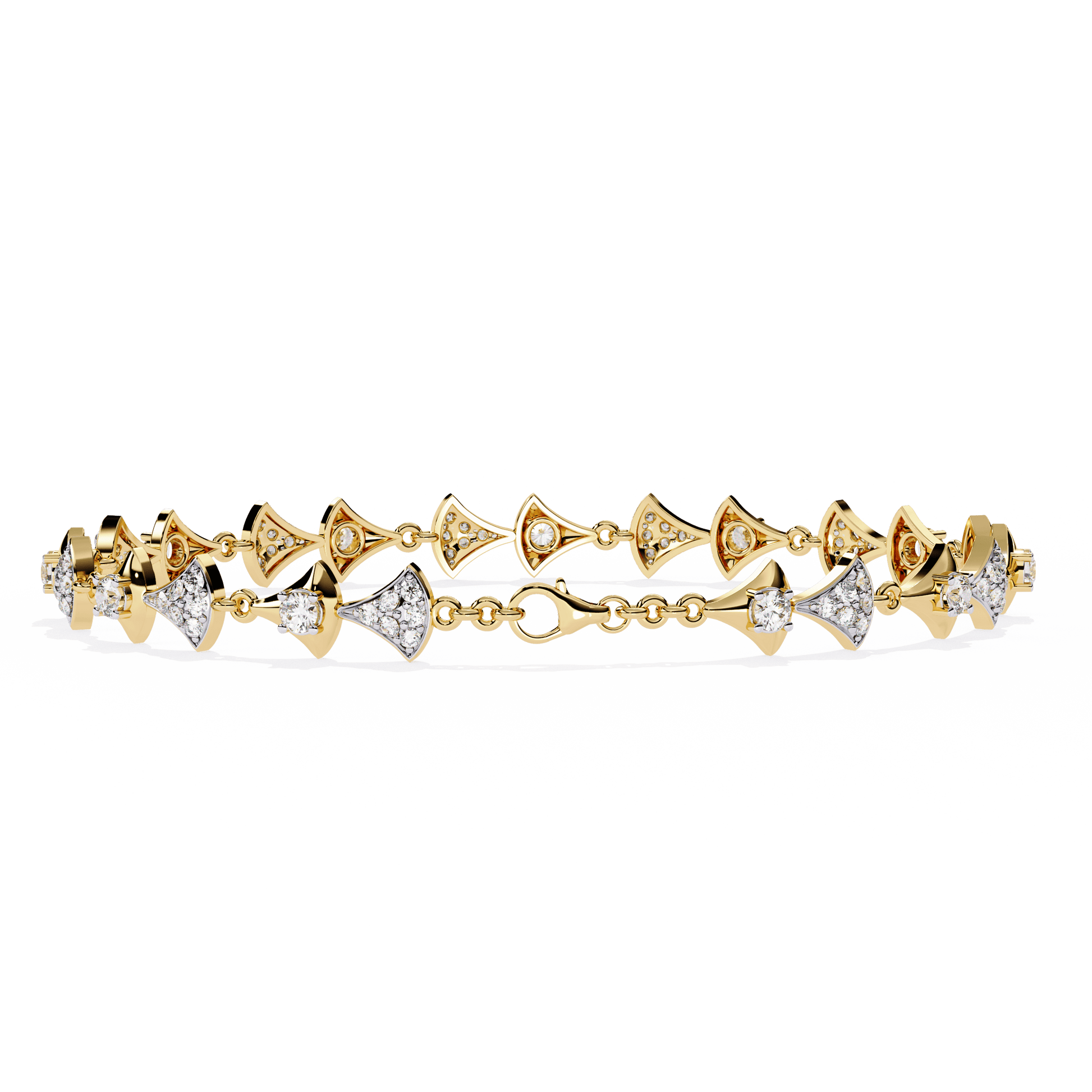 Carat House Dubai Trinity sculpted tapered motif diamond bracelet with intricate design and sparkling diamonds.