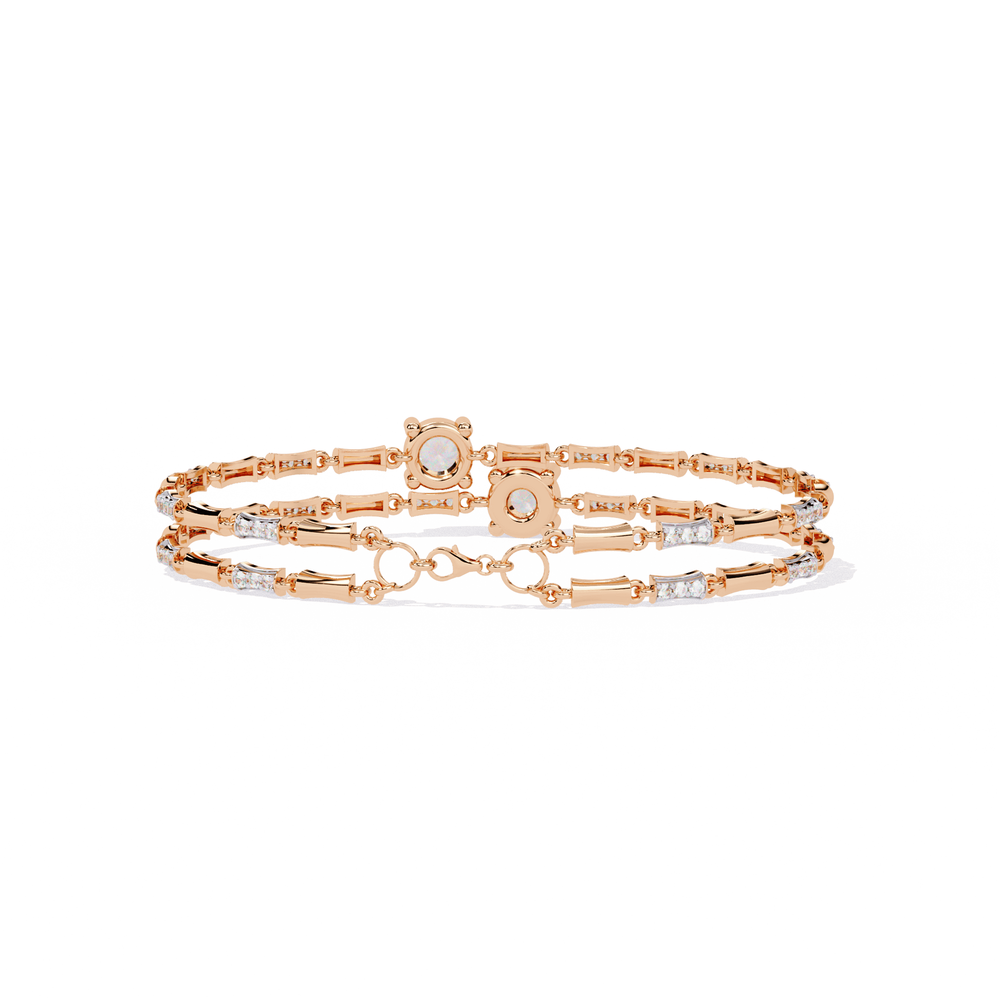 Yvette double solitaire diamond link bracelet by Carat House Dubai, featuring elegant diamond-studded links on a delicate gold chain.