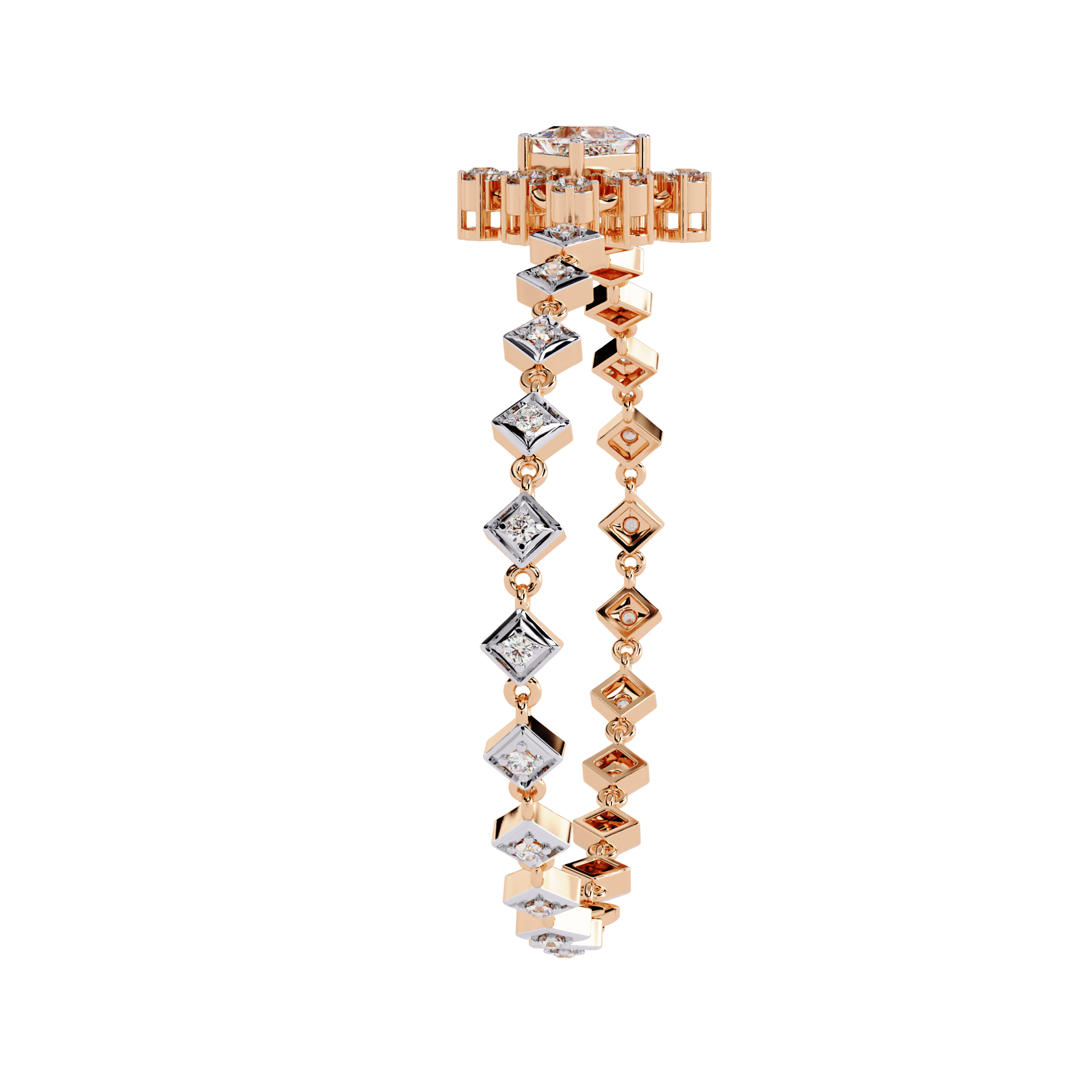 Princess-cut diamond bracelet by Carat House Dubai featuring elegant design and sparkling diamonds on a delicate silver band.