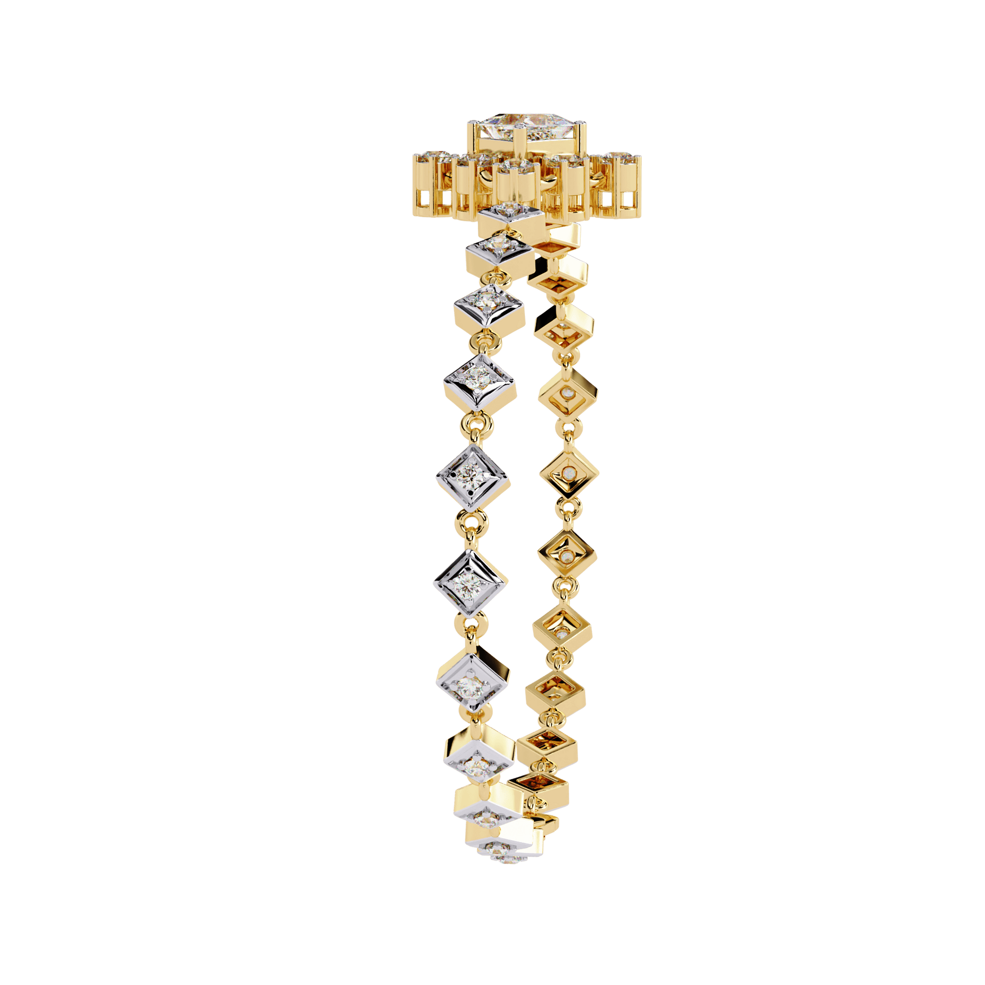 Elegant princess-cut diamond bracelet by Carat House Dubai featuring sparkling diamonds and a delicate design.