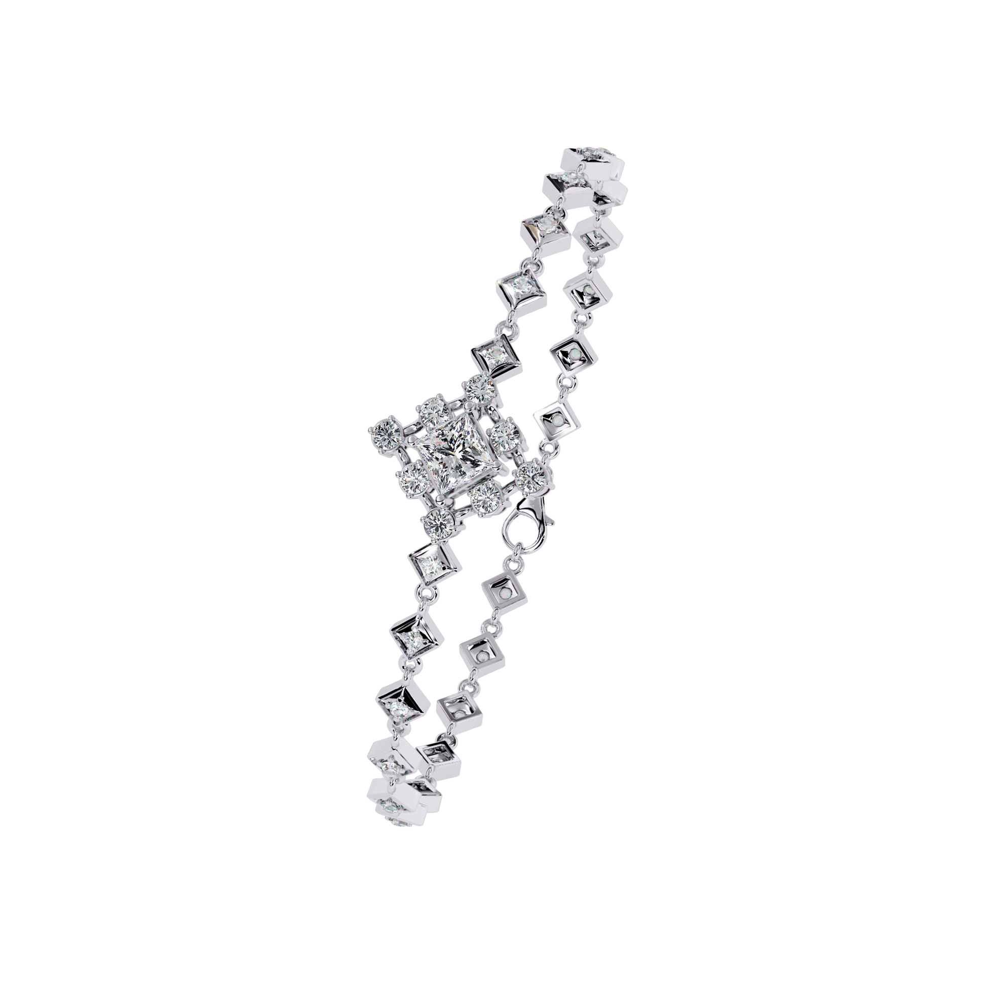 Yvonne Princess-Cut Diamond Bracelet by Carat House Dubai, close-up of sparkling diamond bracelet on elegant jewelry display.