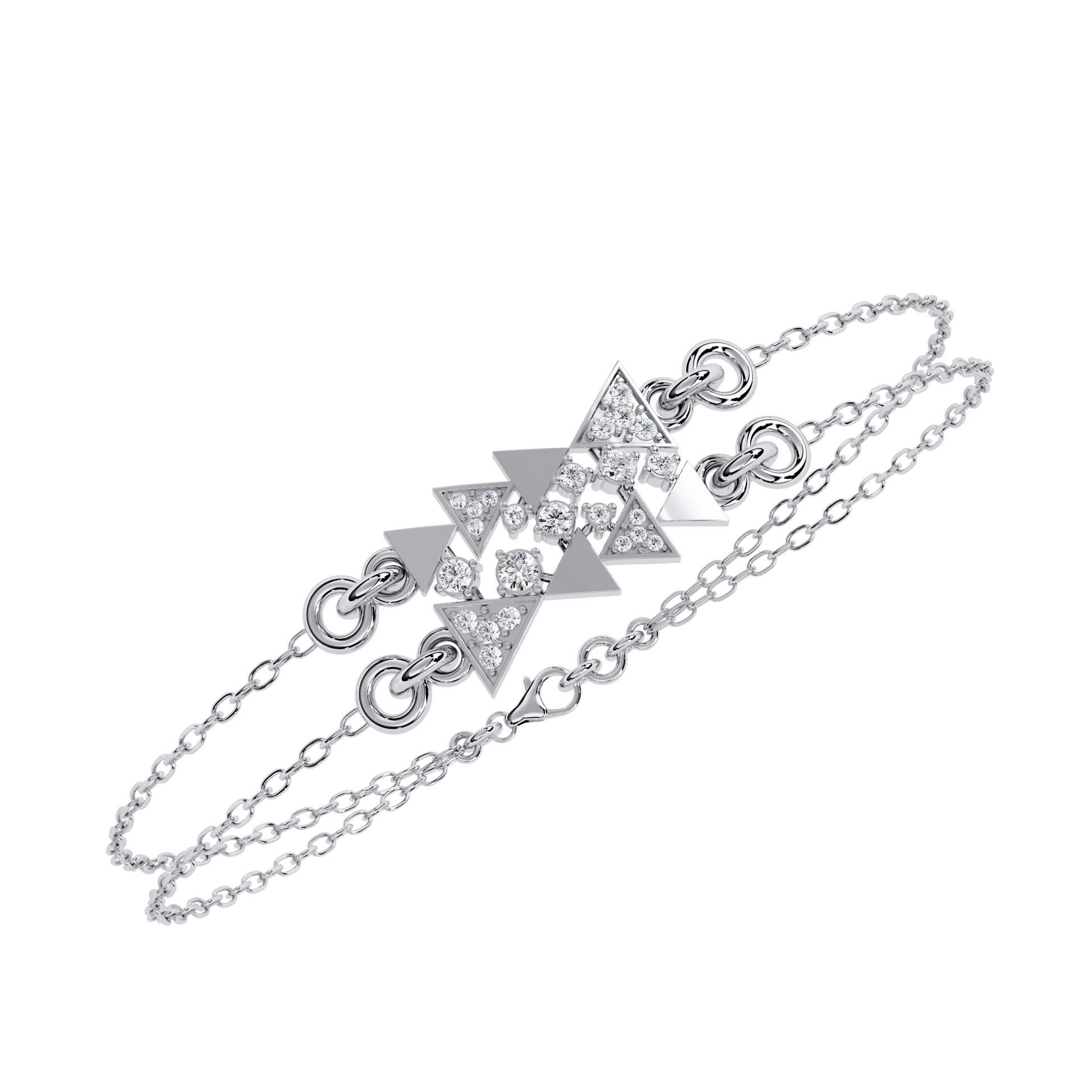 Yesenia double chain bracelet by Carat House Dubai featuring geometric pavé motifs, crafted in shiny metal with intricate detailing.