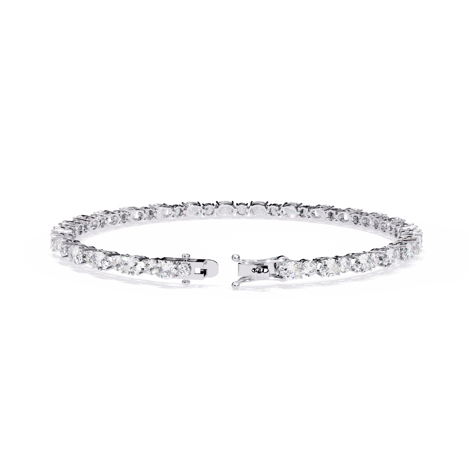 Simona oval and round diamond tennis bracelet by Carat House Dubai showcasing sparkling diamonds on a sleek silver band.