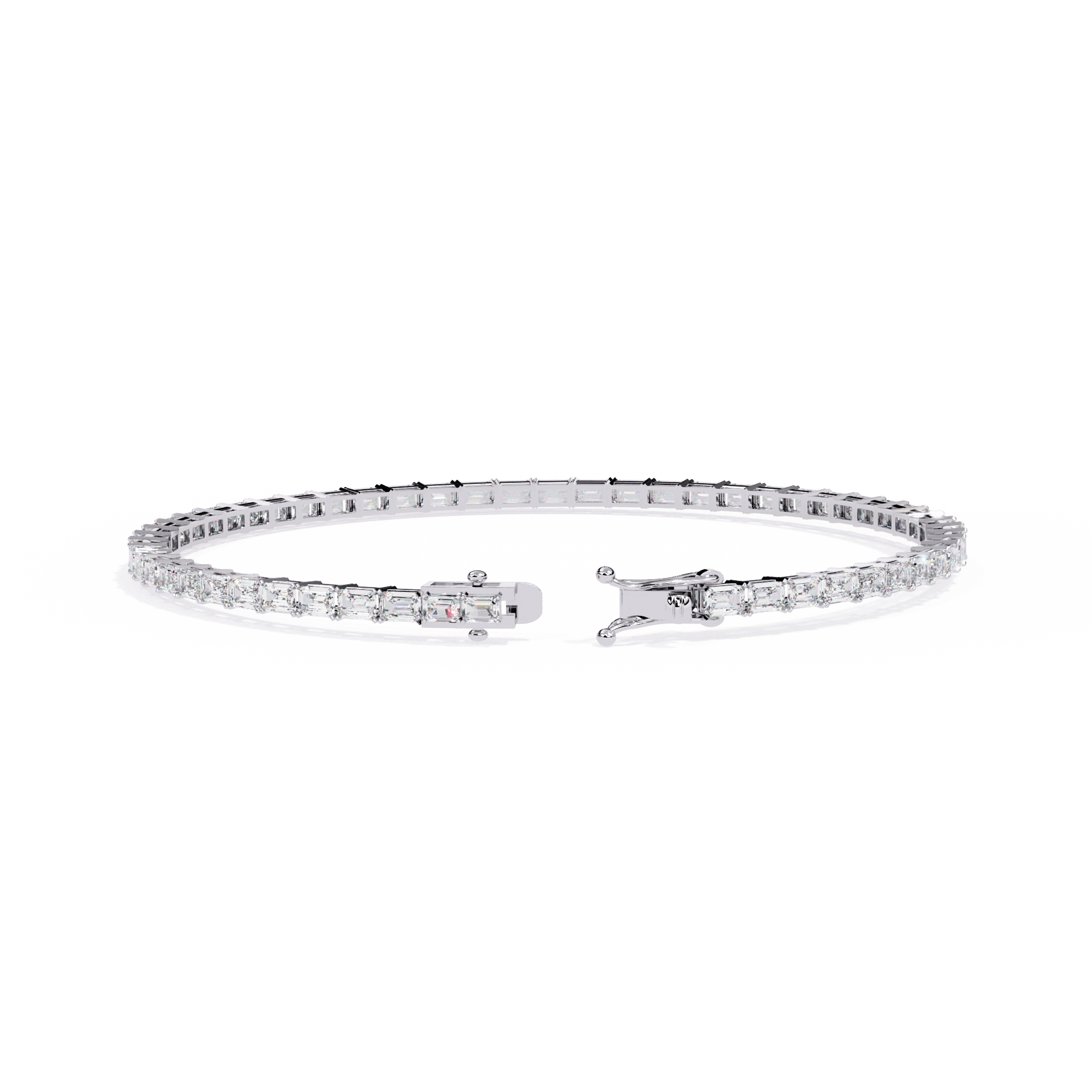 East-West emerald-cut diamond tennis bracelet by Carat House Dubai with sparkling diamonds on a sleek silver setting.