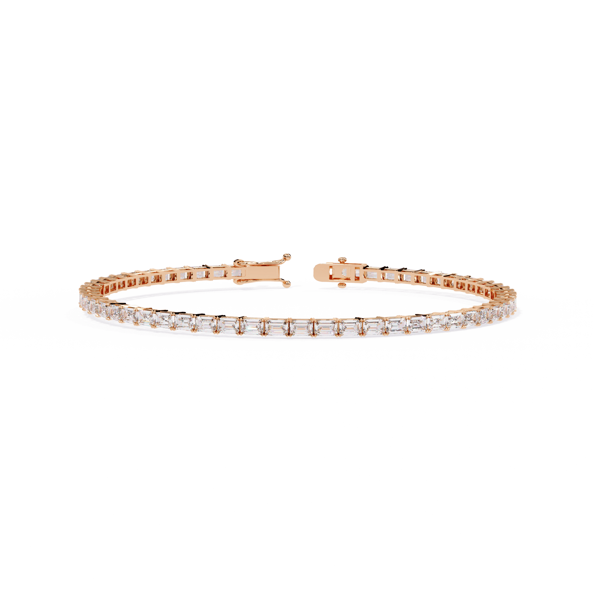 Ariane East-West emerald-cut diamond tennis bracelet featuring sparkling diamonds on a sleek silver band.