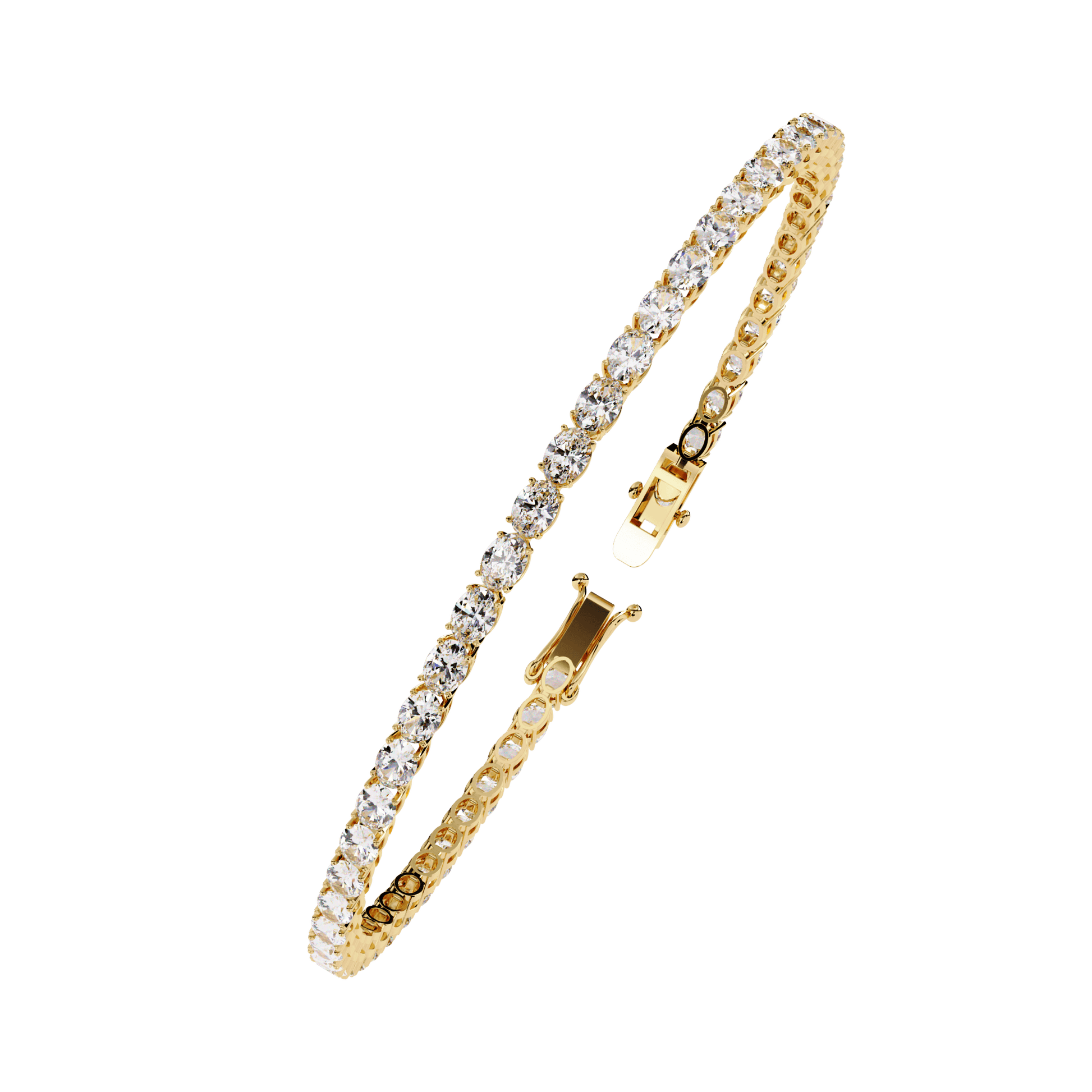 East-West oval diamond tennis bracelet by Carat House Dubai featuring sparkling diamonds on a sleek silver band.