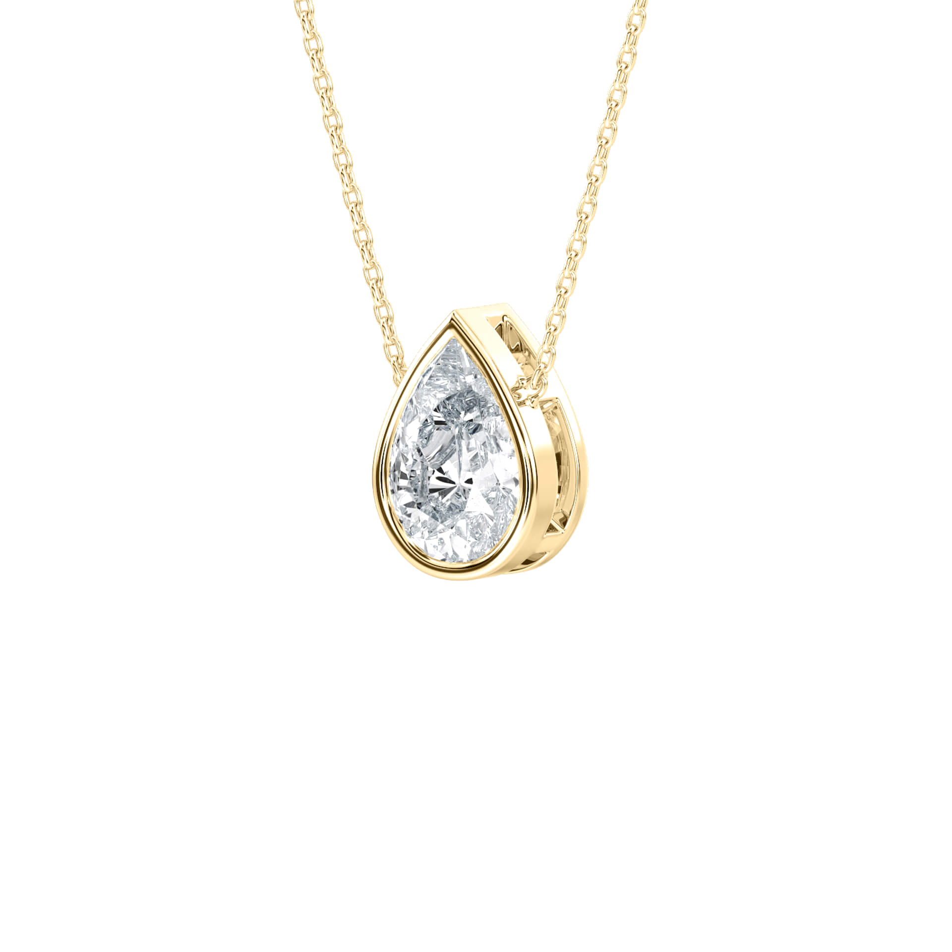 Pear-cut bezel solitaire pendant by Carat House Dubai featuring a sparkling gemstone on a delicate chain.