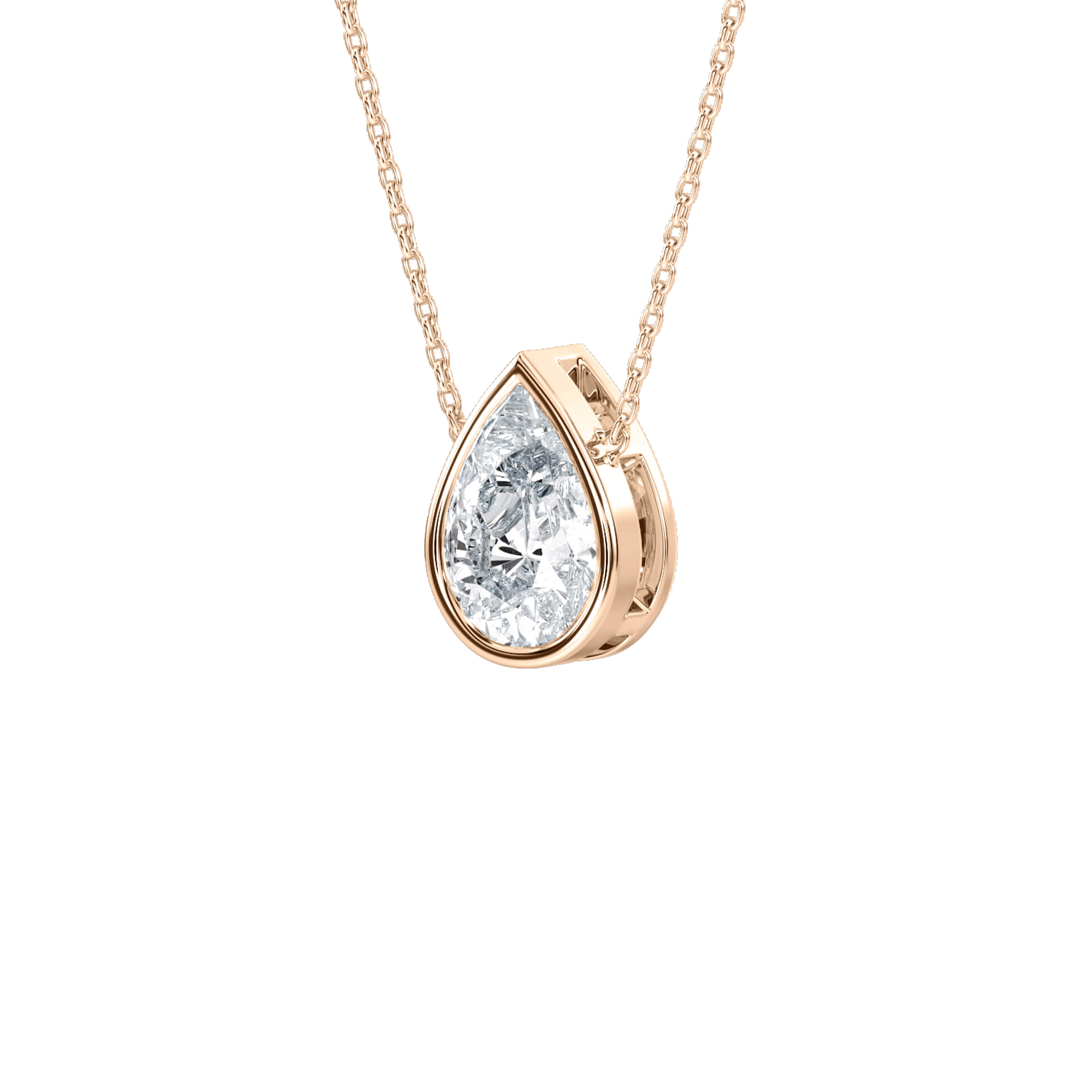 Ioanna Pear-Cut Bezel Solitaire Pendant by Carat House Dubai featuring a elegant pear-shaped diamond on a delicate chain.