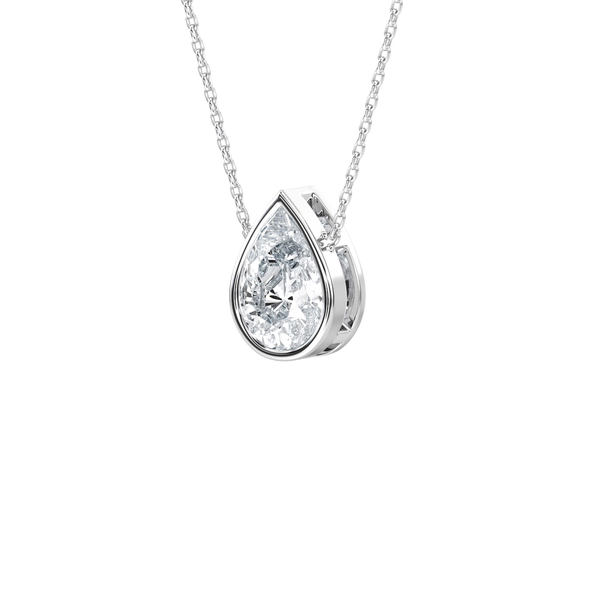 Ioanna pear-cut bezel solitaire pendant with a sparkling gemstone on a delicate chain, showcasing elegant jewelry design.