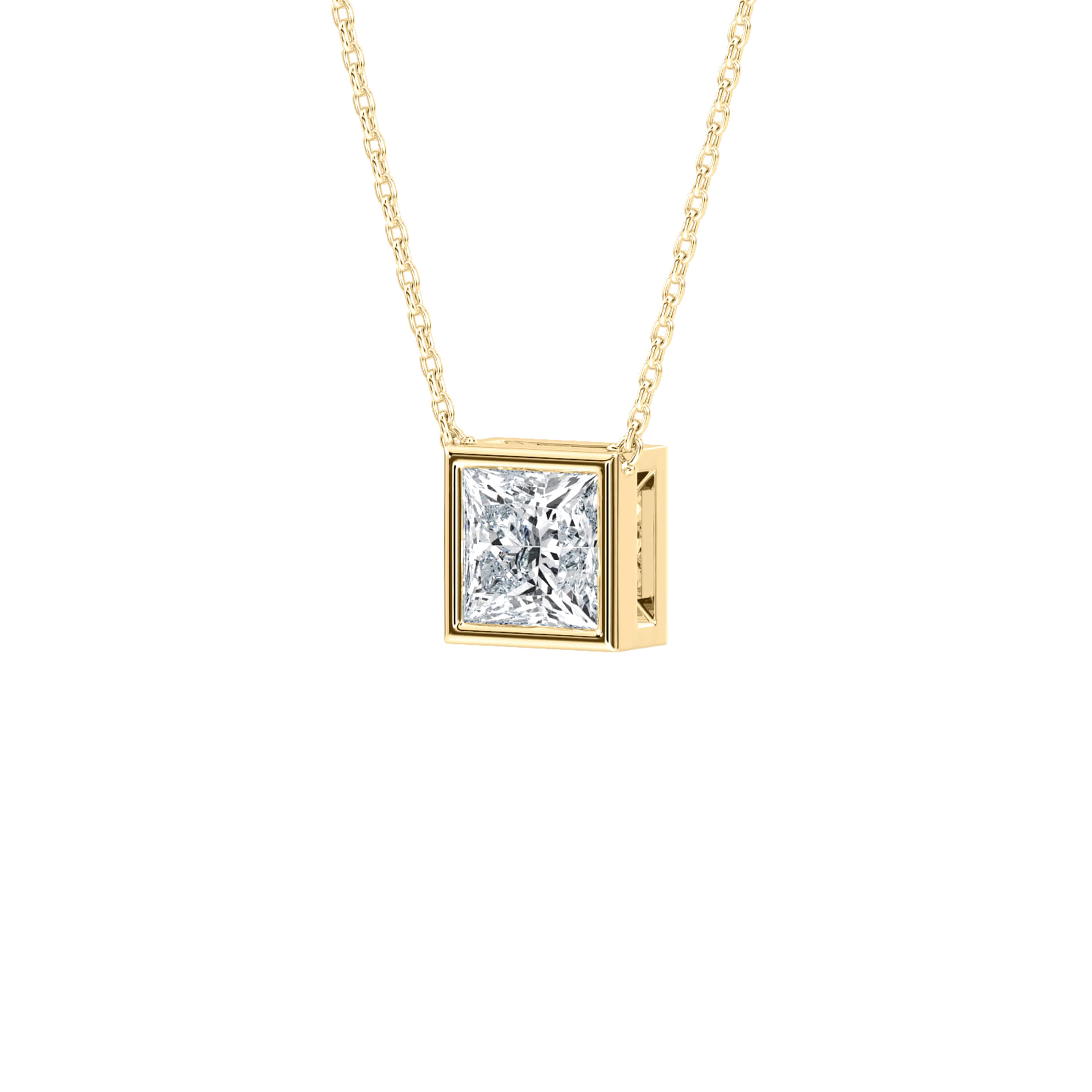 Joan princess-cut bezel solitaire pendant by Carat House Dubai featuring a sparkling gemstone on a delicate chain.