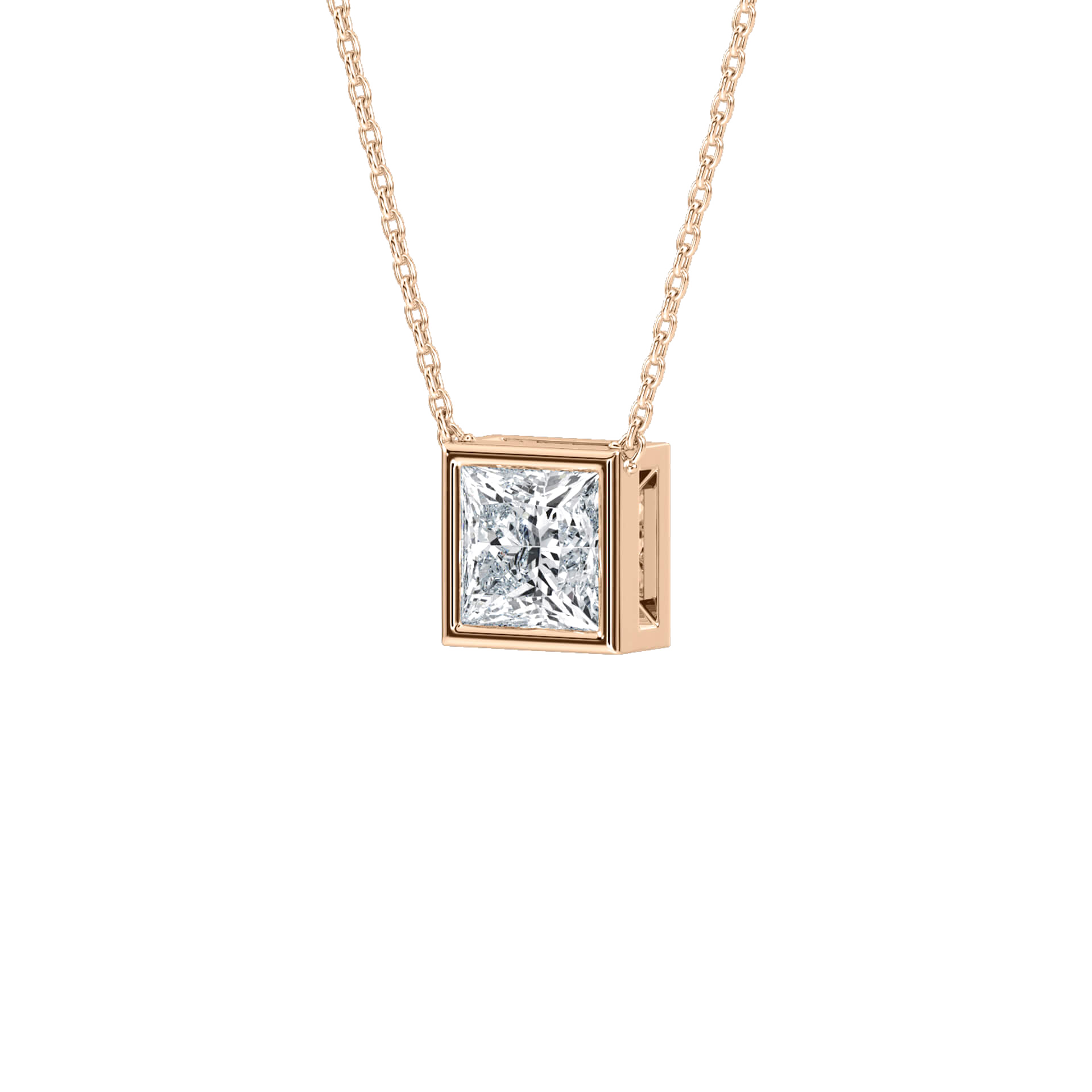 Joan princess-cut bezel solitaire pendant by Carat House Dubai featuring a sparkling diamond on a delicate chain
