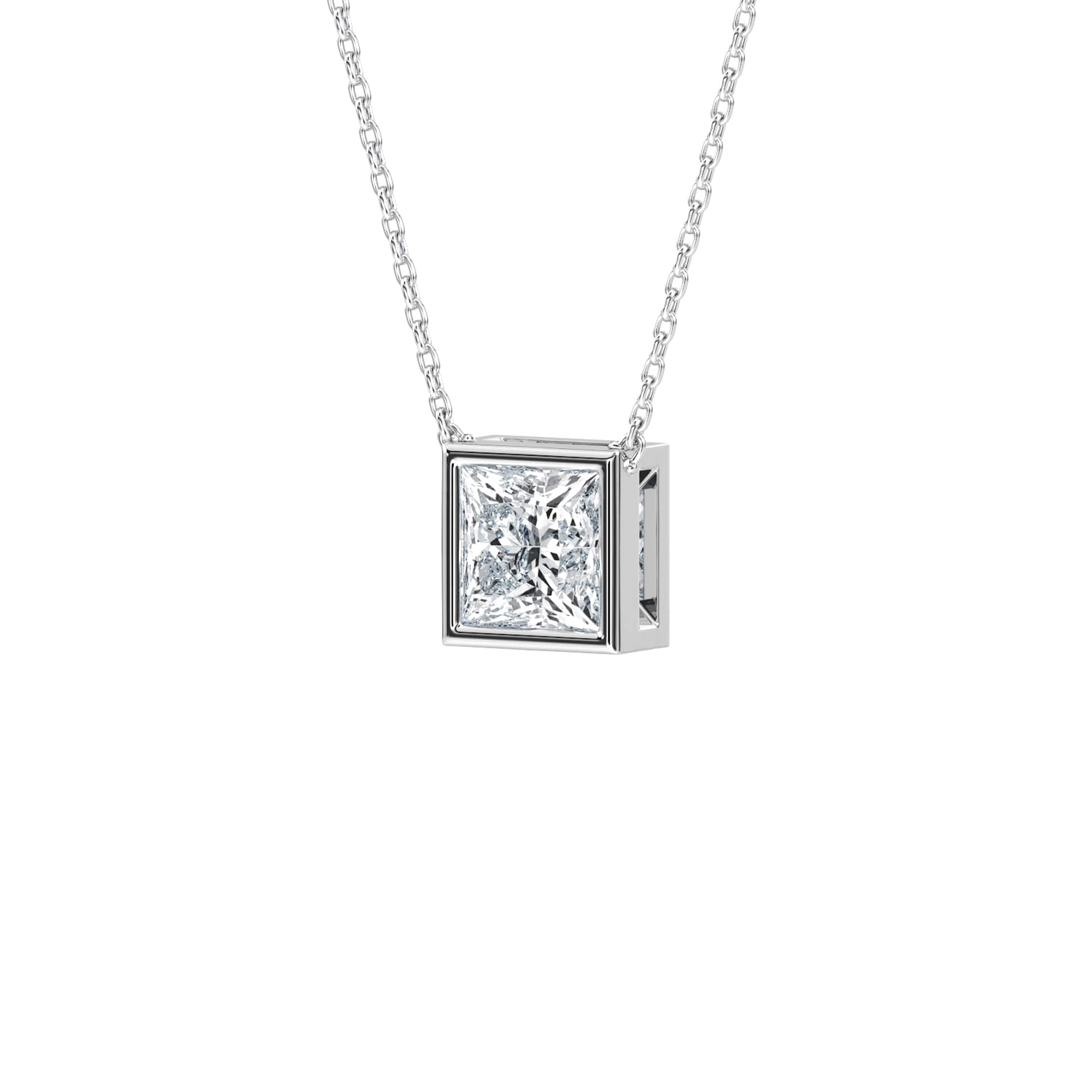 Joan princess-cut bezel solitaire pendant by Carat House Dubai featuring a sparkling single gemstone on a delicate chain.