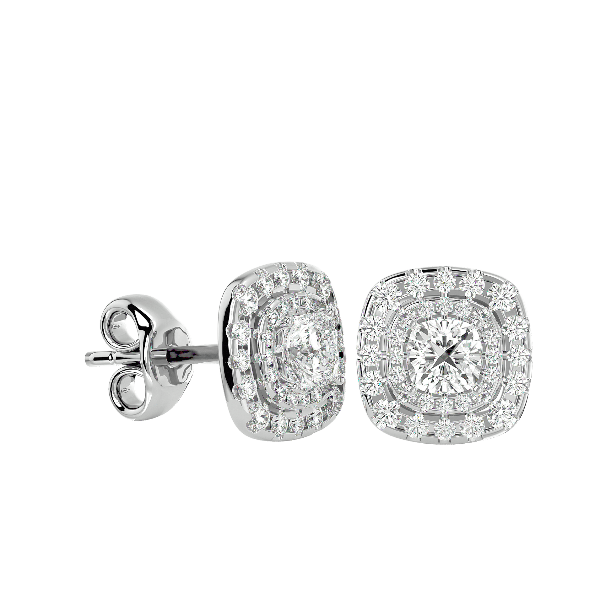 Lydia- Cushion Double Halo Diamond Studs — diamond stud earrings — lab grown diamond and natural diamond — 18k white gold and platinum — Carat House