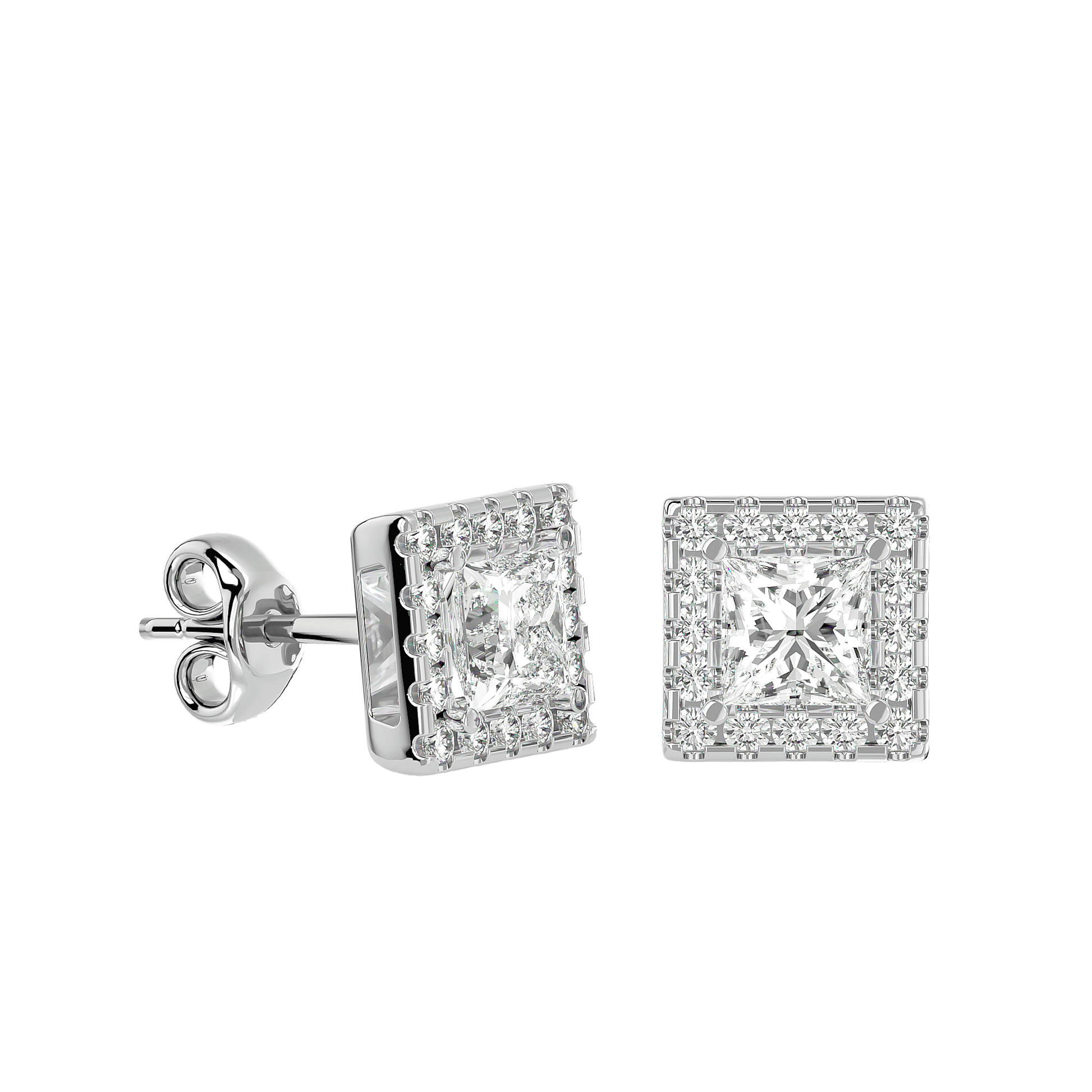 Ludovica – Princess-Cut Halo Studs — diamond stud earrings — lab grown diamond — 18k white gold and platinum — Carat House