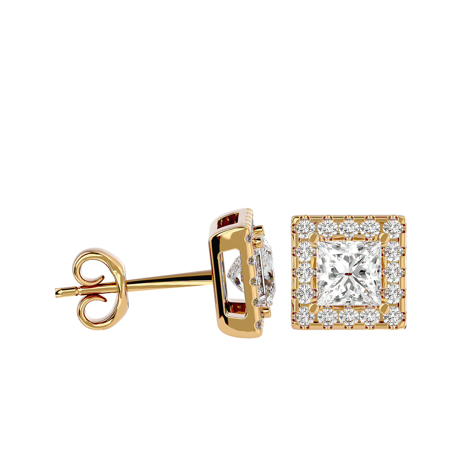 Ludovica princess-cut halo stud earrings by Carat House Dubai featuring sparkling gemstones and intricate metal setting.