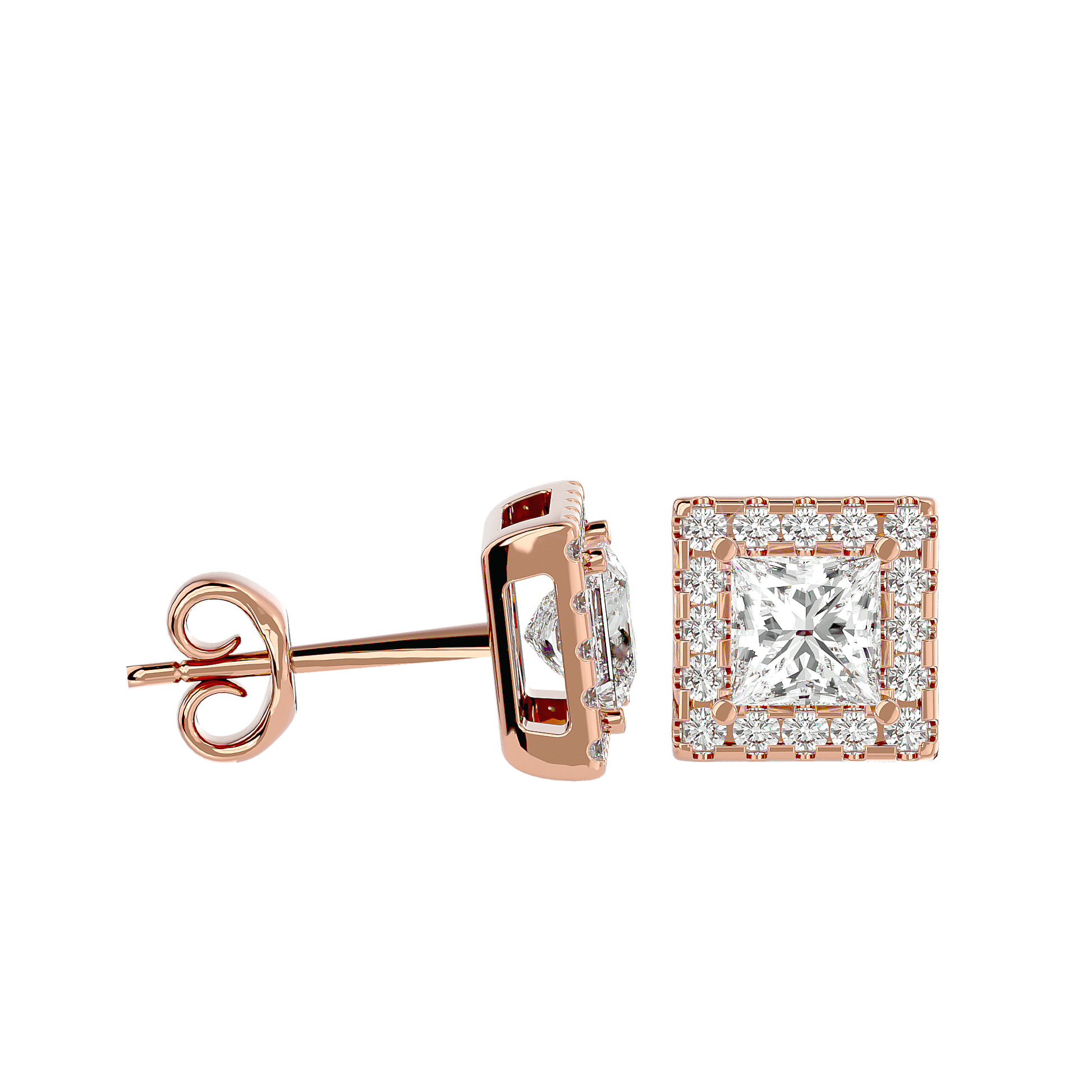 Ludovica princess-cut halo diamond studs by Carat House Dubai featuring sparkling halo design and secure post backs.
