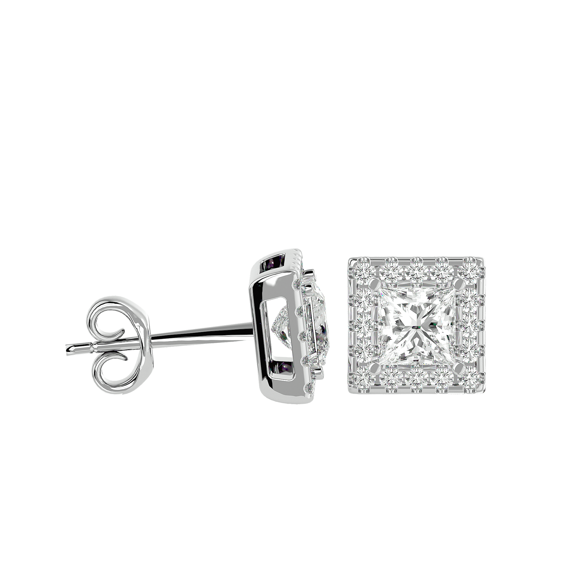 Carat House Dubai Ludovica princess-cut halo stud earrings featuring sparkling diamonds on a sleek gold setting.