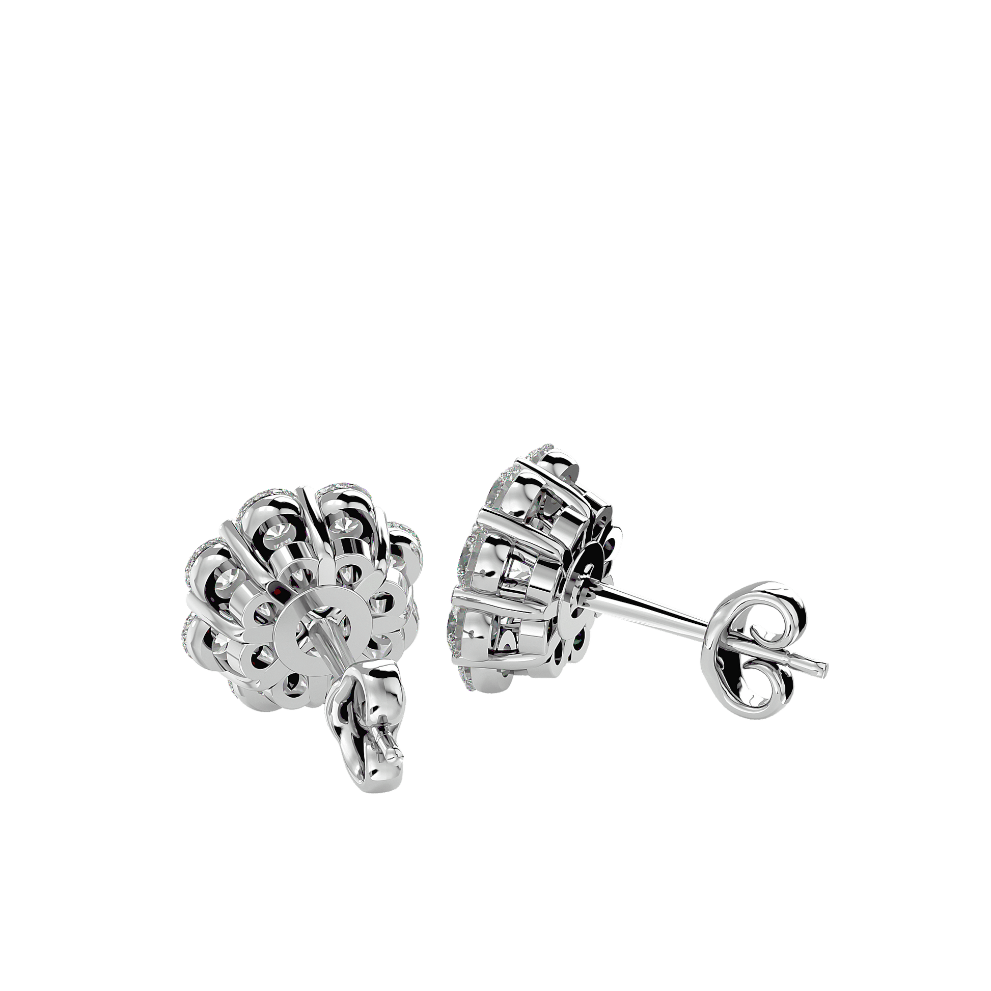 Carat House Dubai Melanie cluster diamond stud earrings with sparkling diamond clusters on a sleek silver setting.