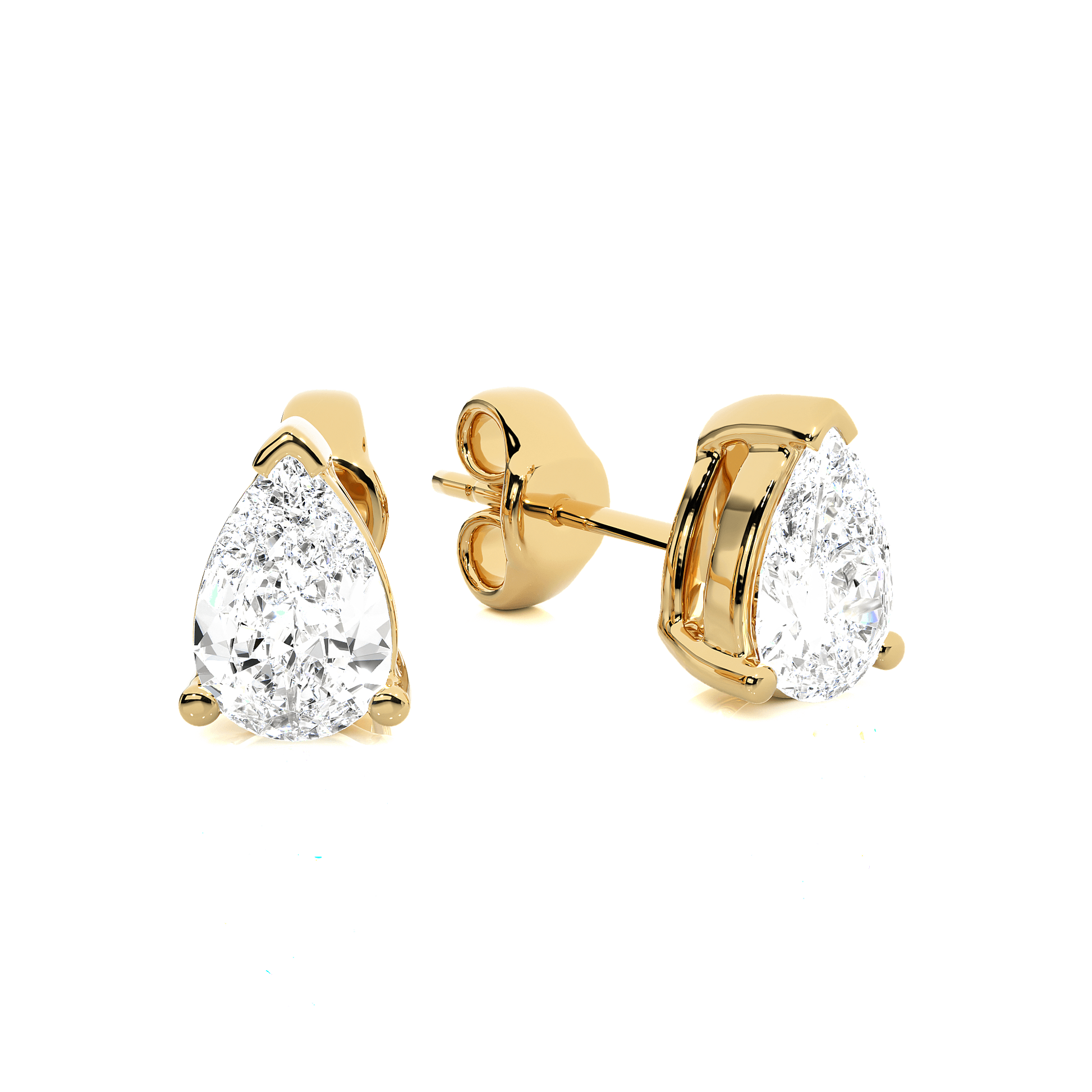 Carat House Dubai Bianca pear-cut diamond studs with V-prong basket setting, close-up of elegant diamond jewelry on white background