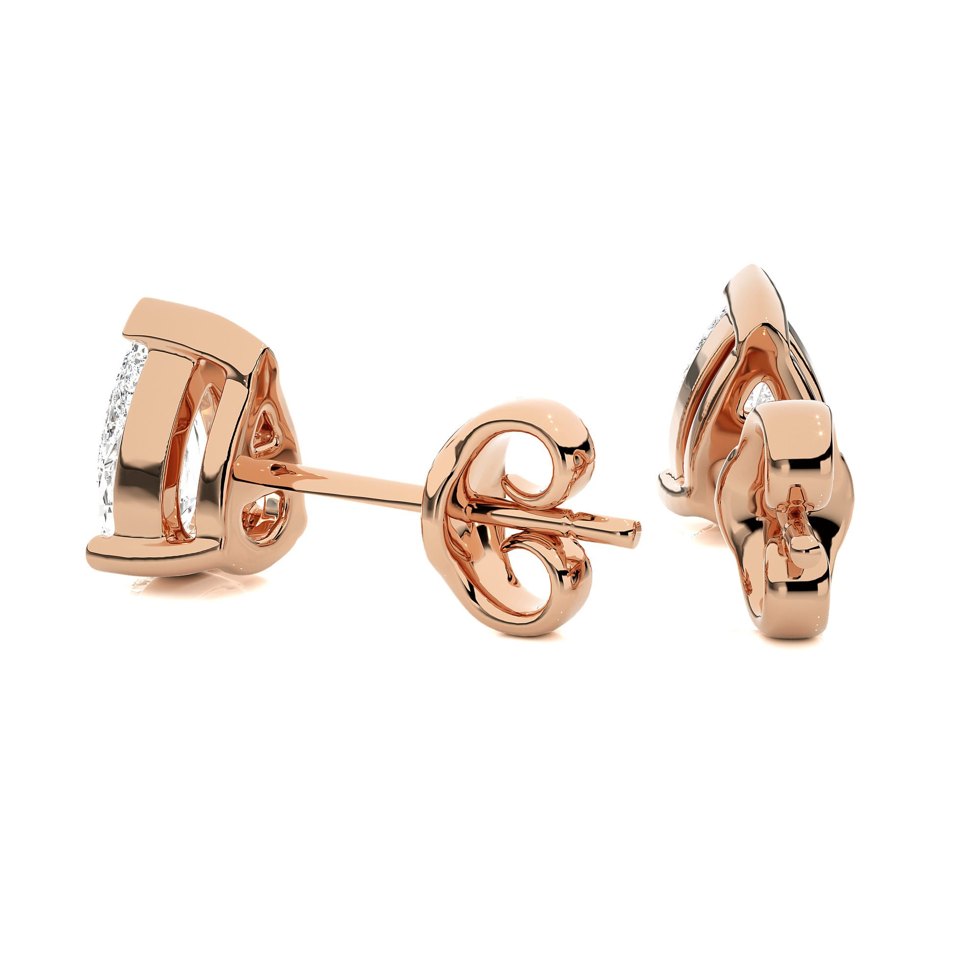 Pear-cut diamond studs with V-prong basket setting by Carat House Dubai, showcasing sparkling diamonds on a sleek jewelry setting.