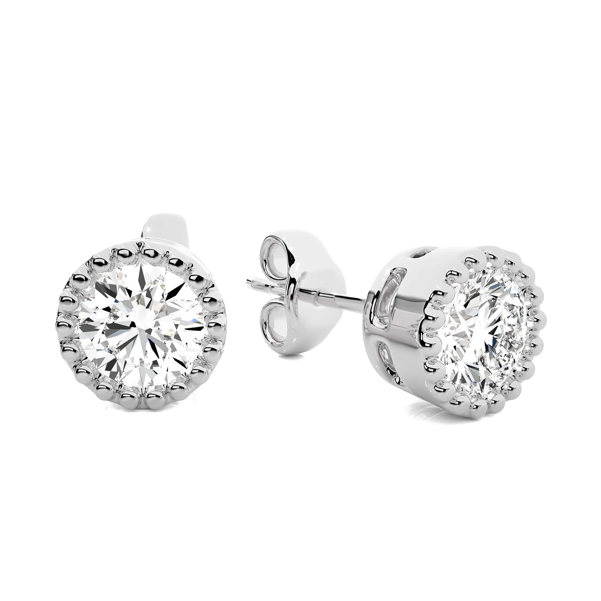 Mary – Milgrain Bezel Solitaire Diamond Studs — diamond stud earrings — milgrain — lab grown diamond and natural diamond — 18k white gold and platinum — Carat House