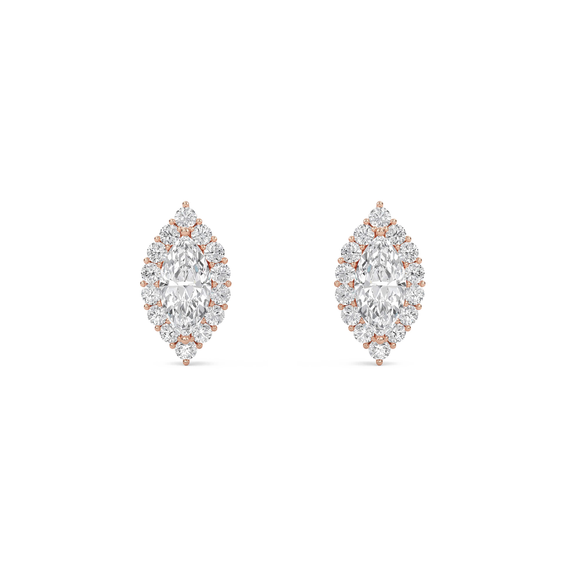 Marquise-cut halo diamond stud earrings by Carat House Dubai featuring sparkling diamonds and elegant design.