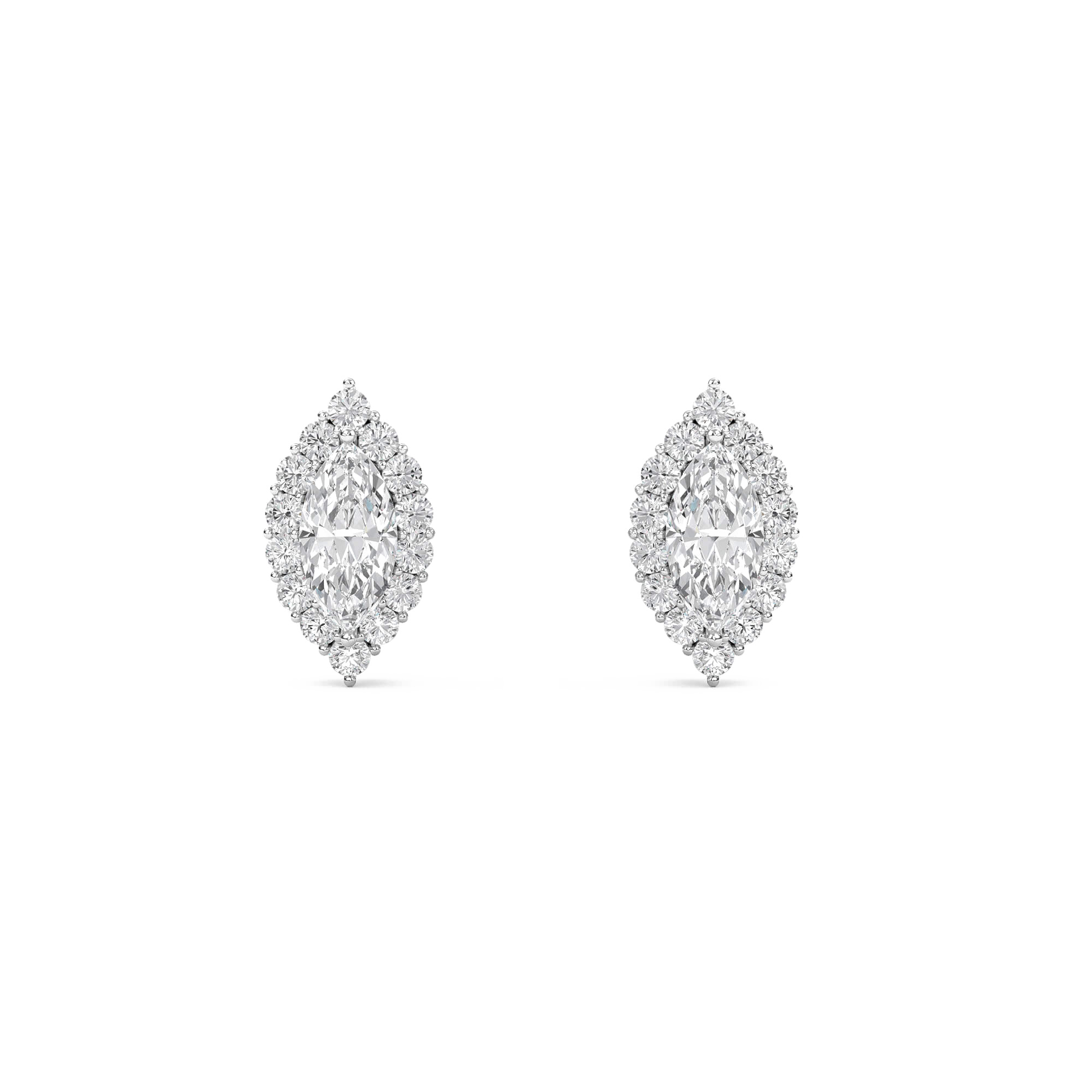 Marquise-cut halo diamond stud earrings by Carat House Dubai featuring sparkling diamond accents and elegant design.